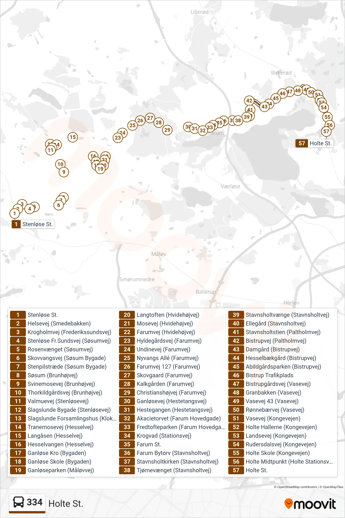 334 bus Linje (Holte St.) rute og stop på et kort