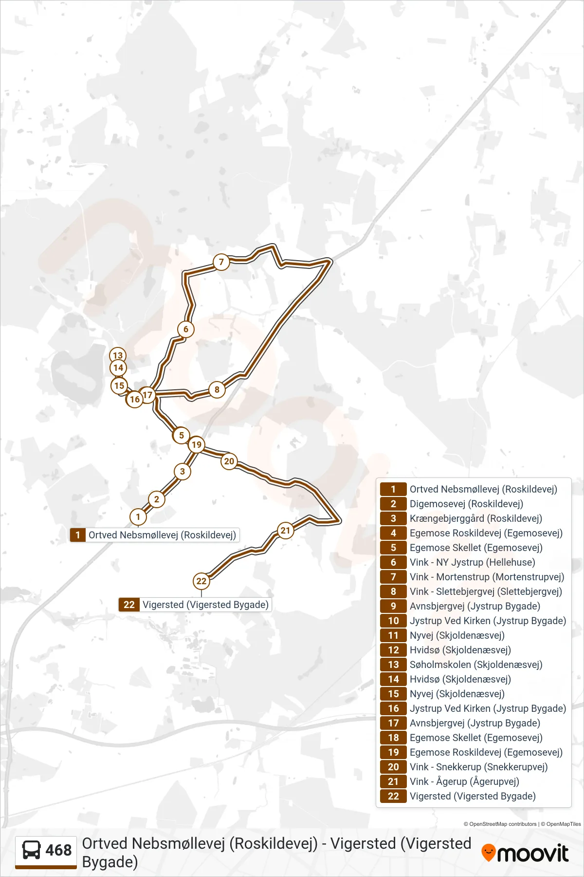 468 bus Linje (Vigersted Skole) rute og stop på et kort