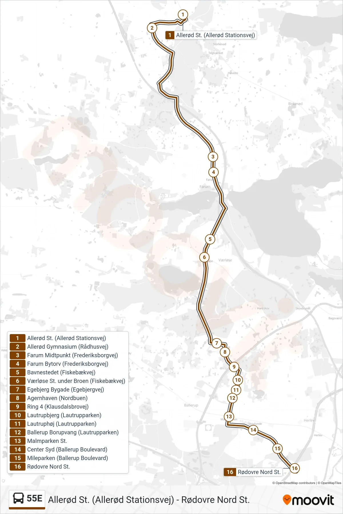 55E bus Linje (Rødovre Nord St.) rute og stop på et kort