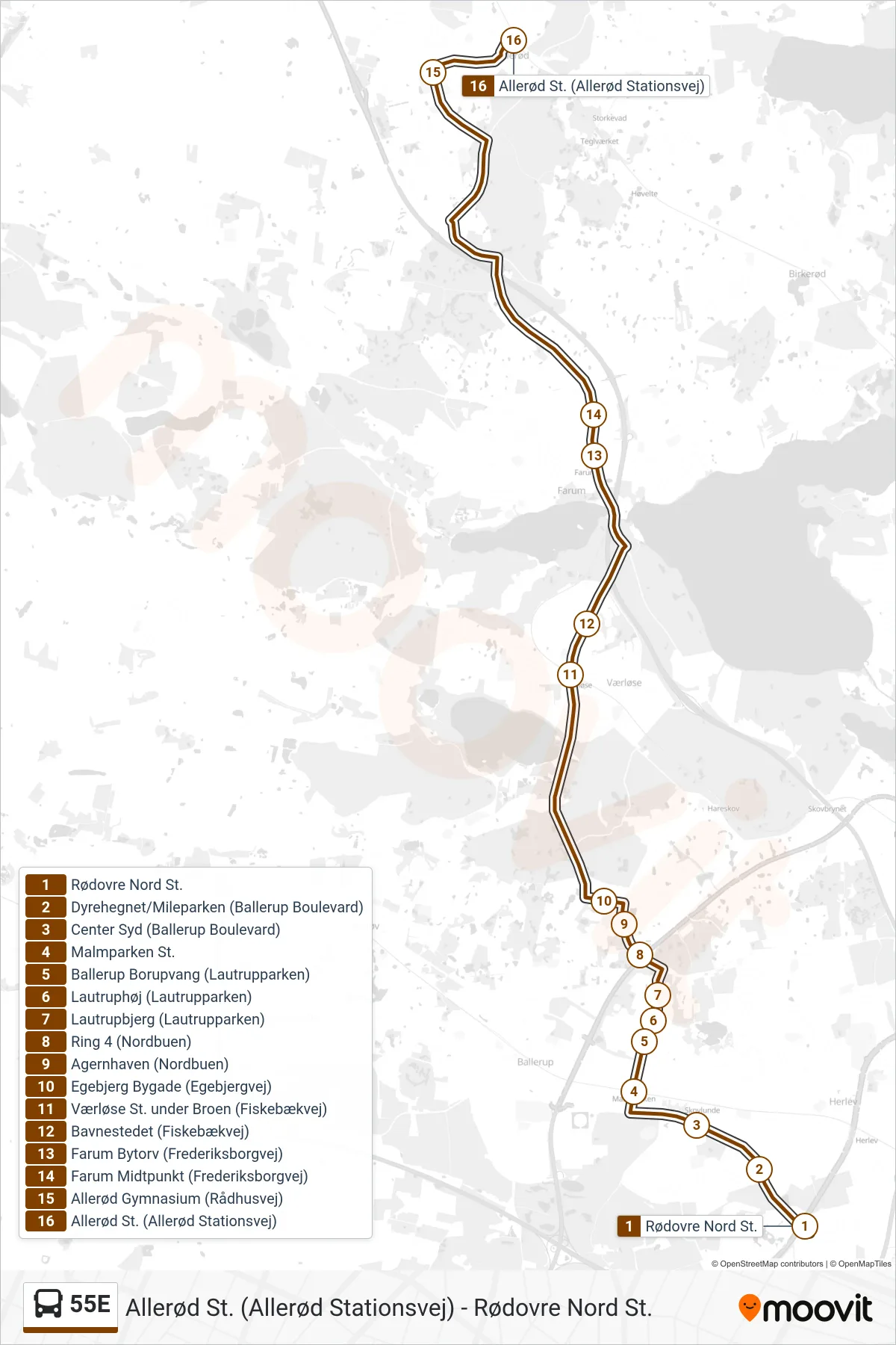 55E bus Linje (Allerød St.) rute og stop på et kort