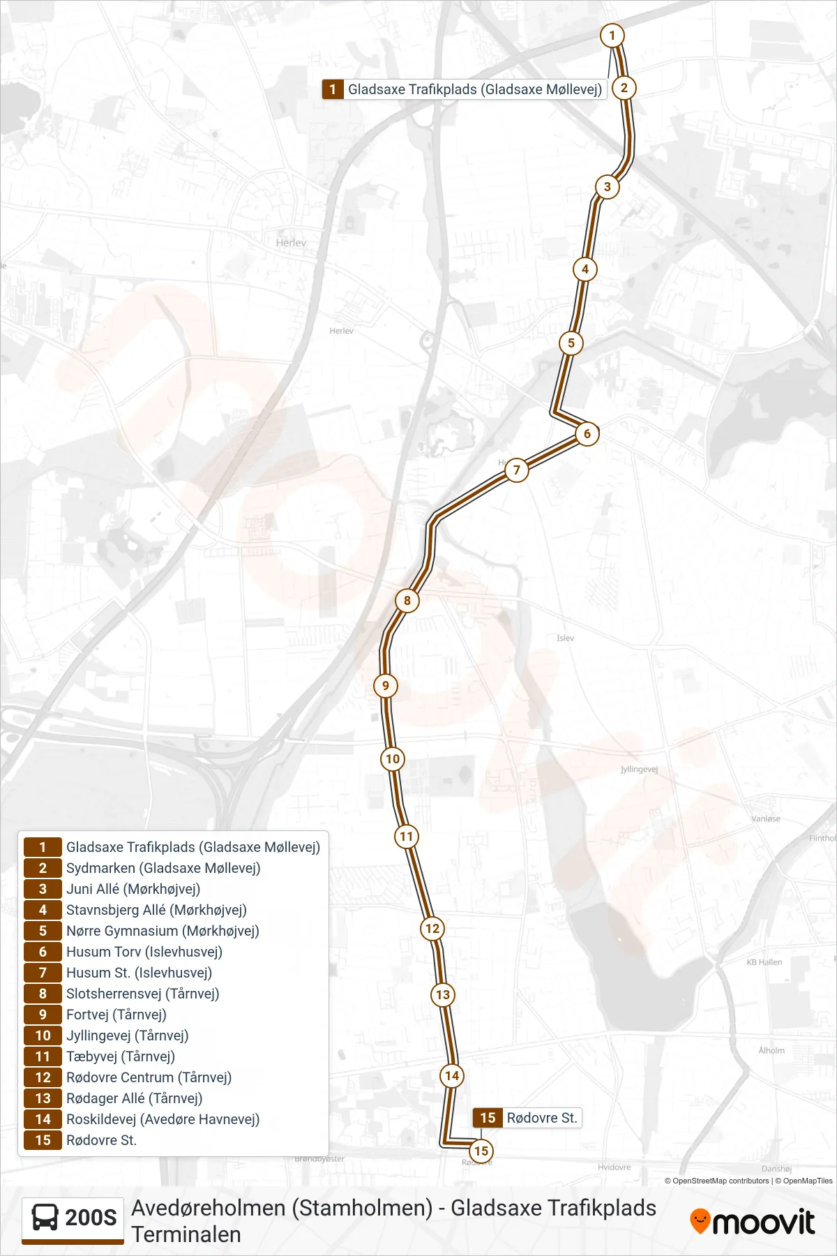 200S bus Linje (Rødovre St.) rute og stop på et kort