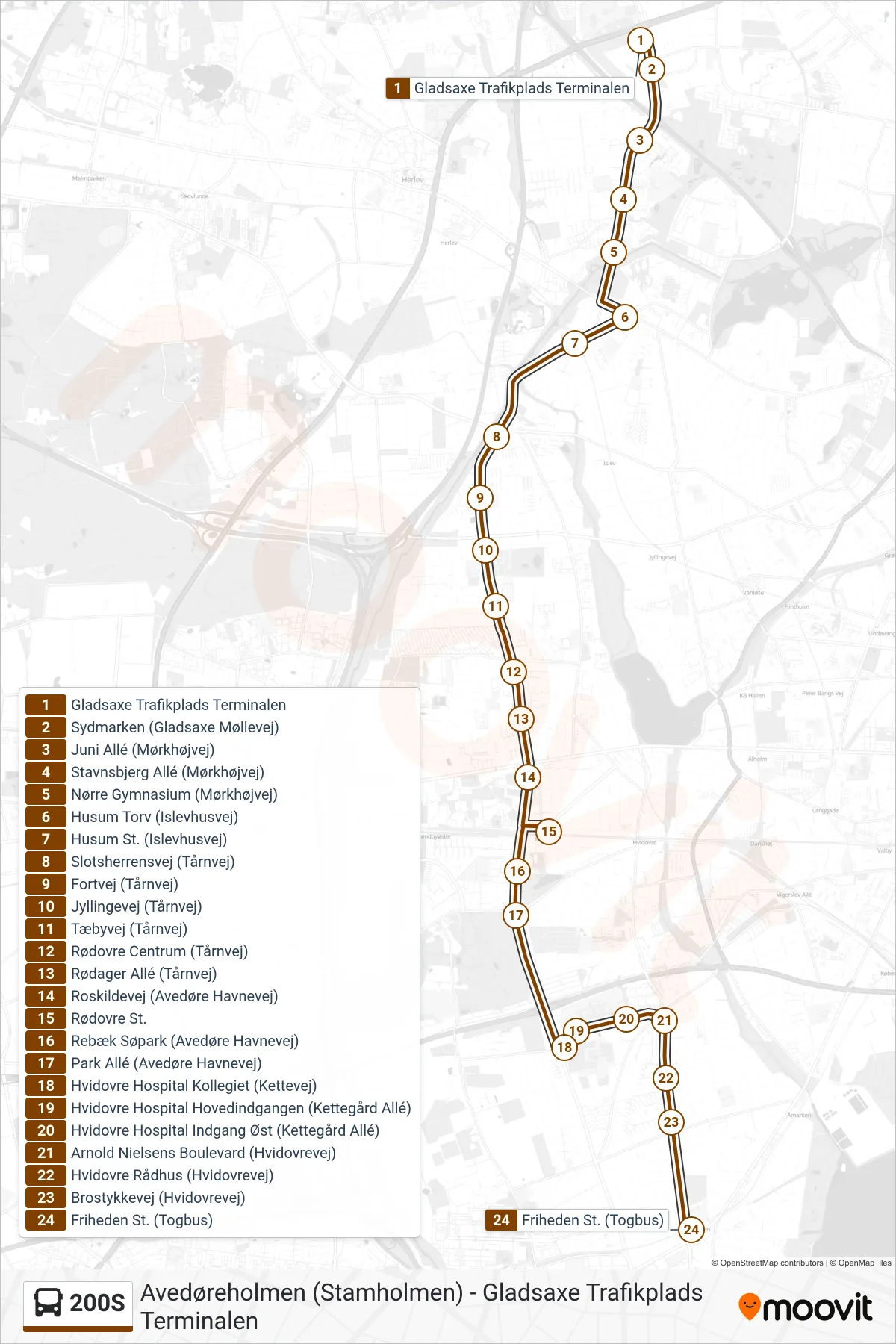 200S bus Linje (Friheden St.) rute og stop på et kort