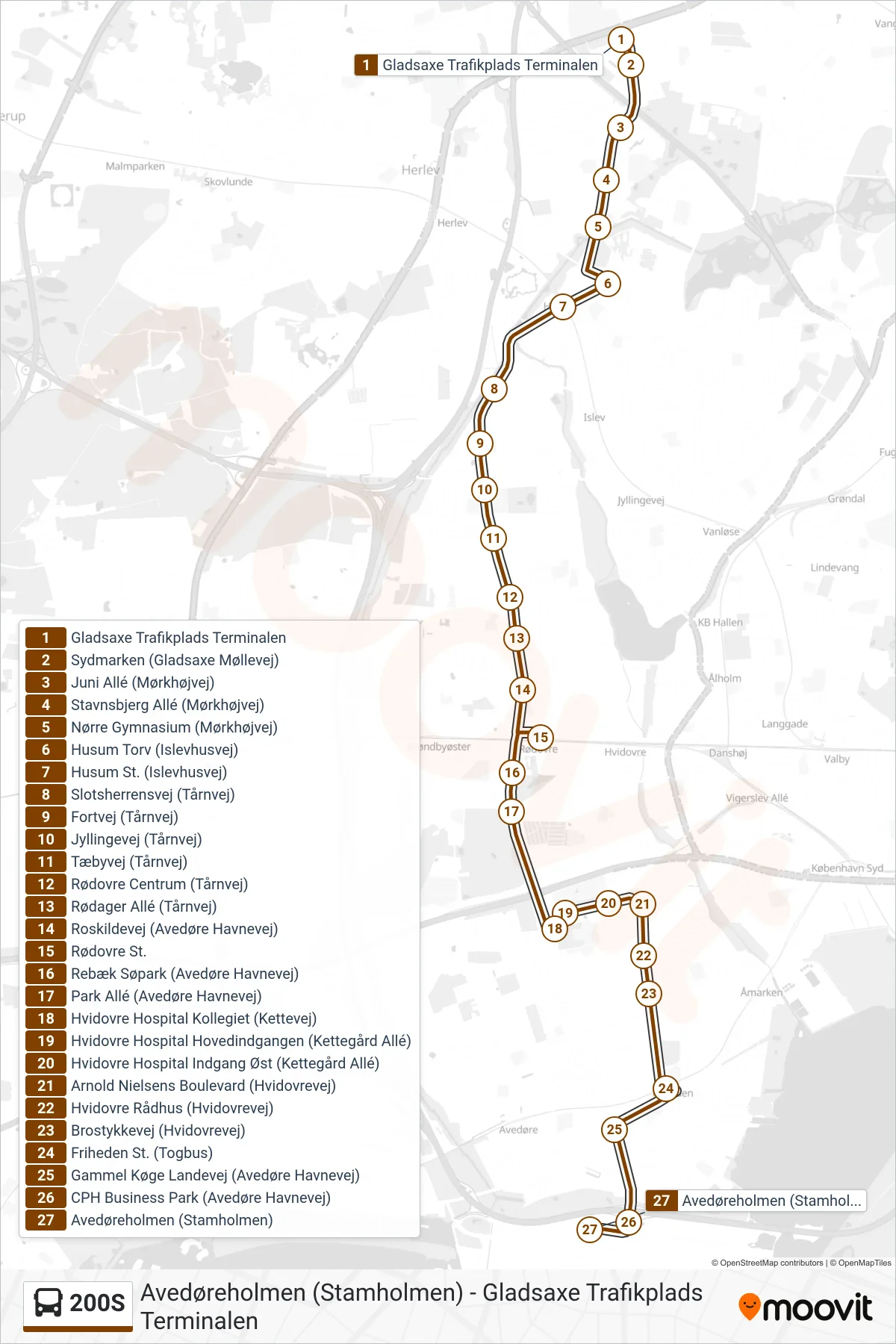200S bus Linje (Friheden St. Via Avedøreholmen) rute og stop på et kort