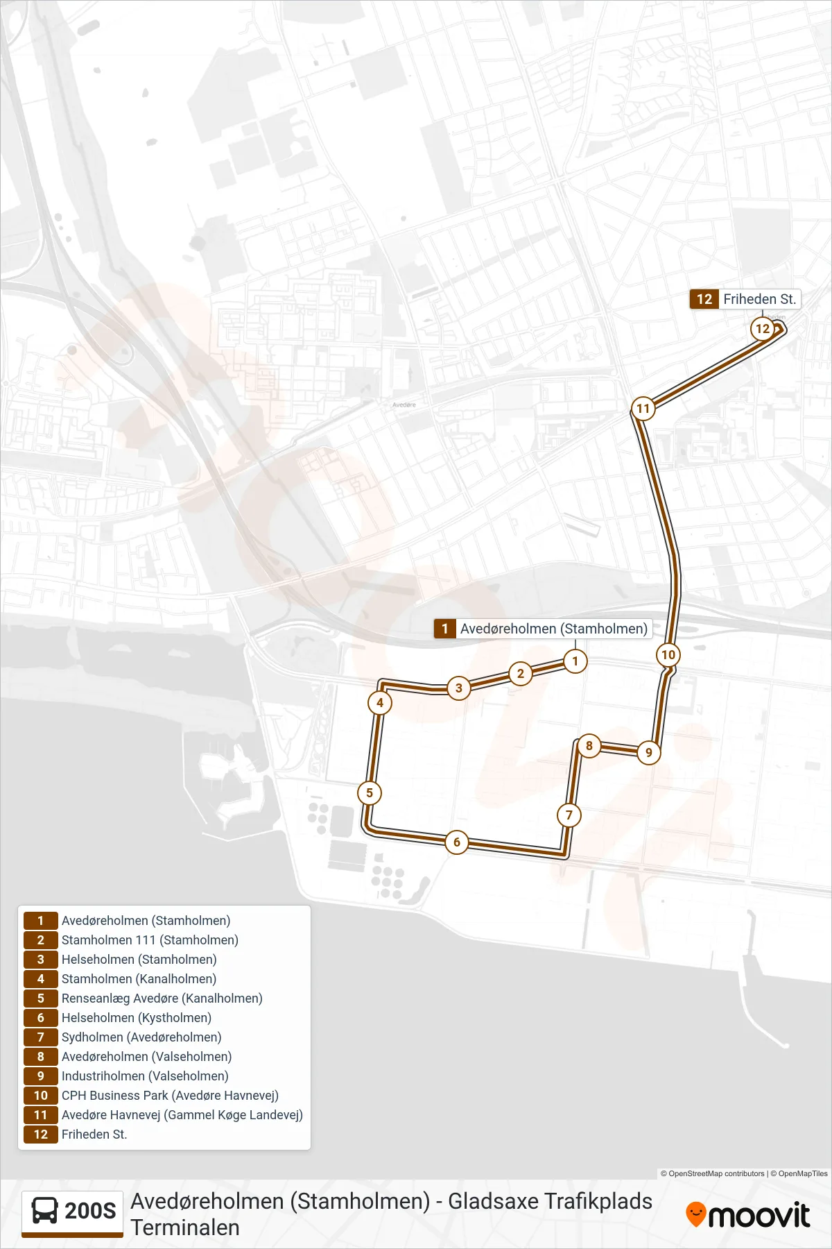 200S bus Linje (Friheden St.) rute og stop på et kort