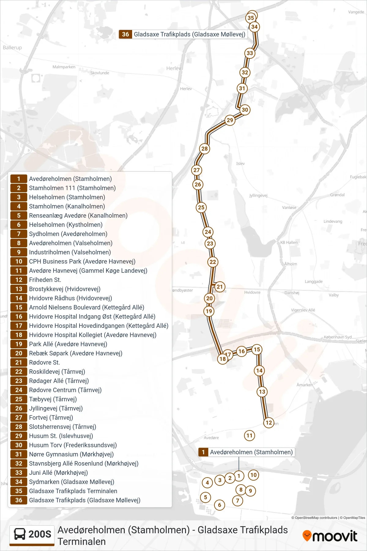 200S bus Linje (Gladsaxe Trafikplads) rute og stop på et kort