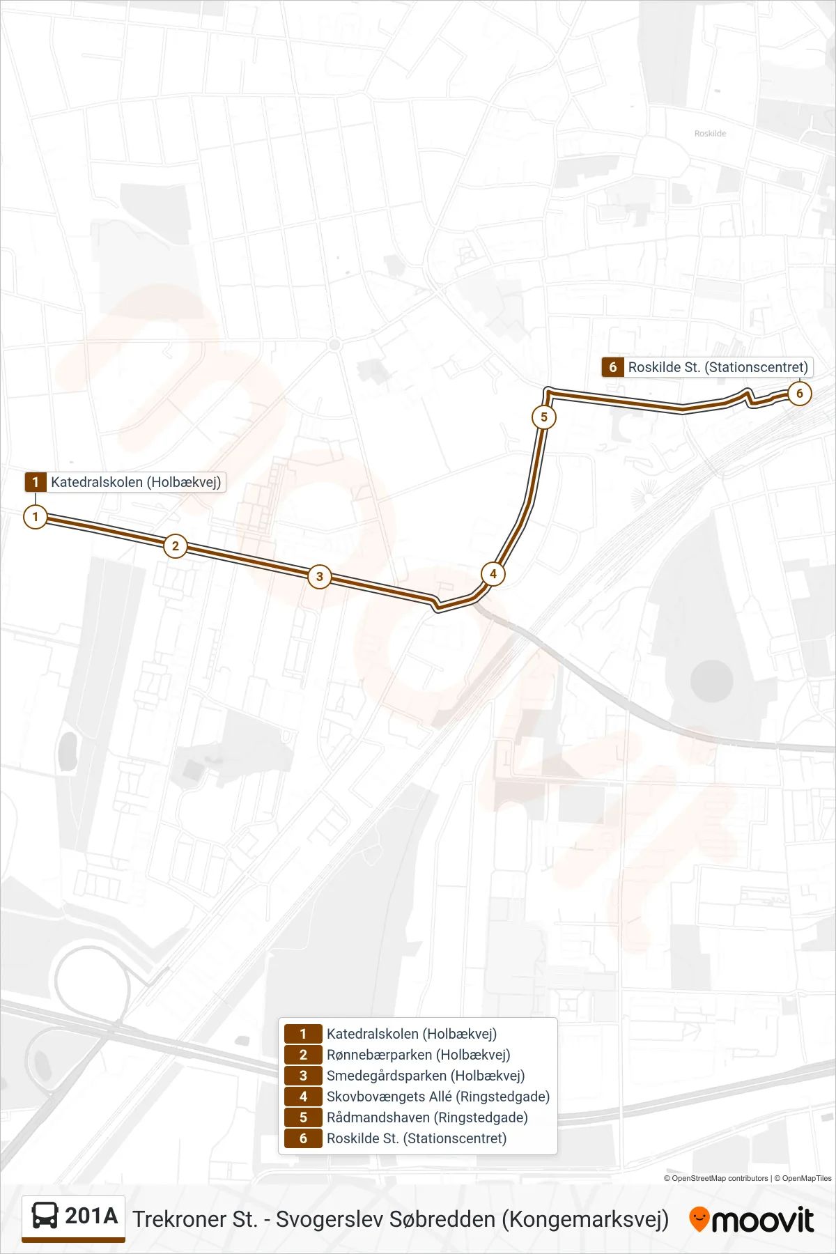 201A bus Line (Roskilde St.) route and stops on a map