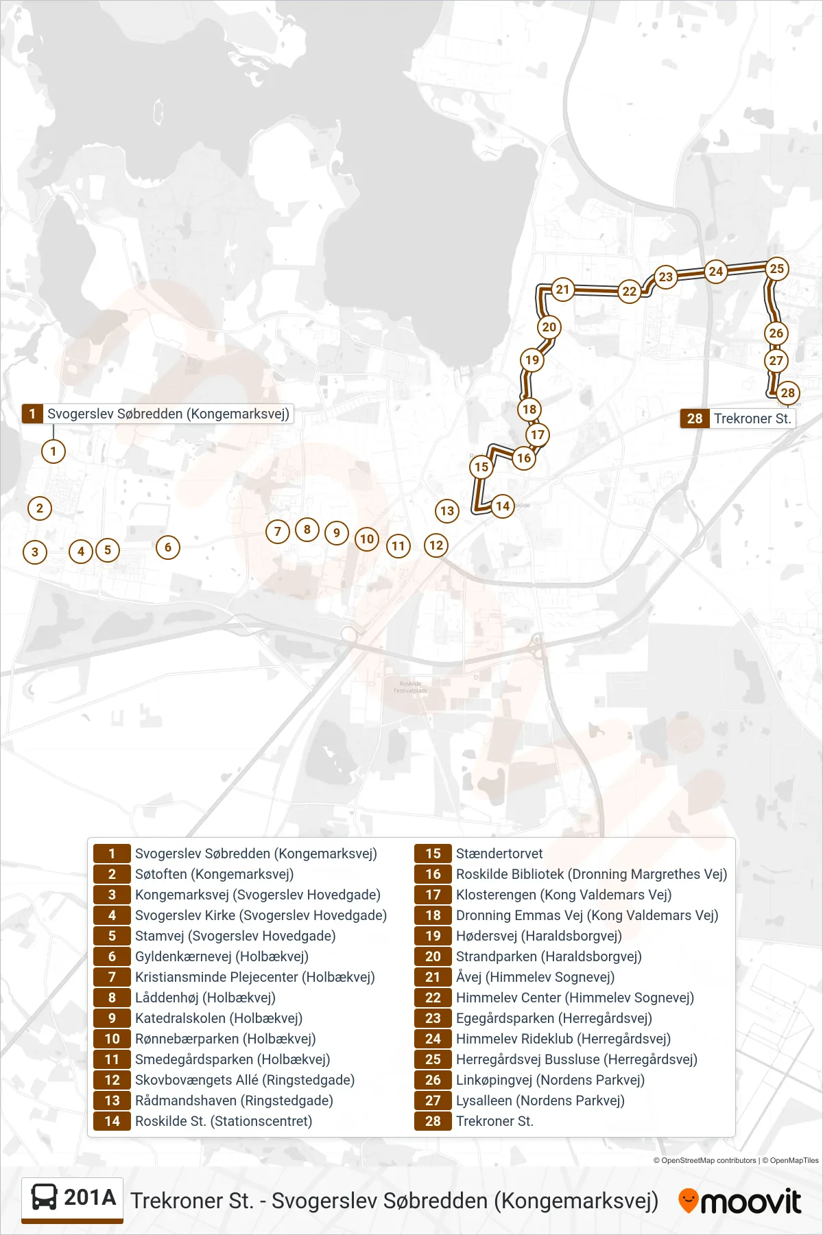 201A bus Linje (Trekroner St.) rute og stop på et kort