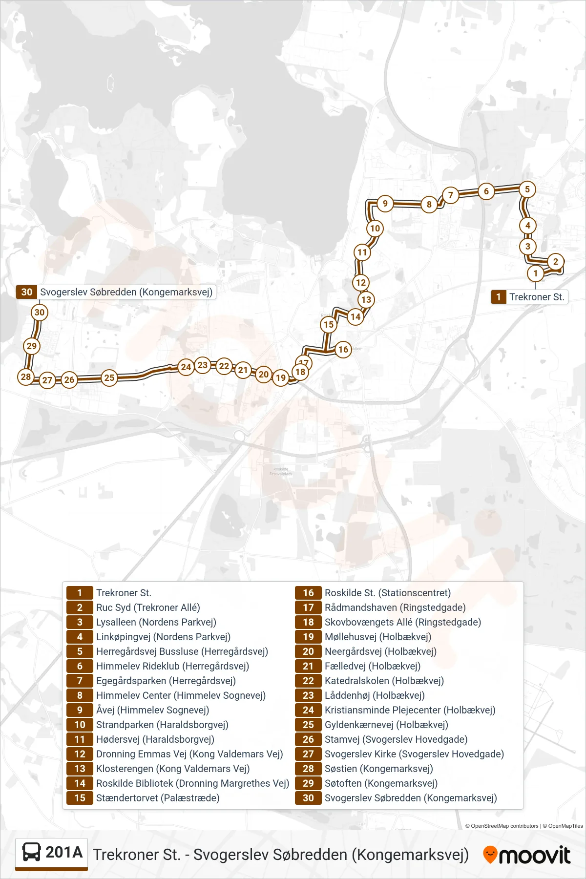 201A bus Linje (Svogerslev) rute og stop på et kort