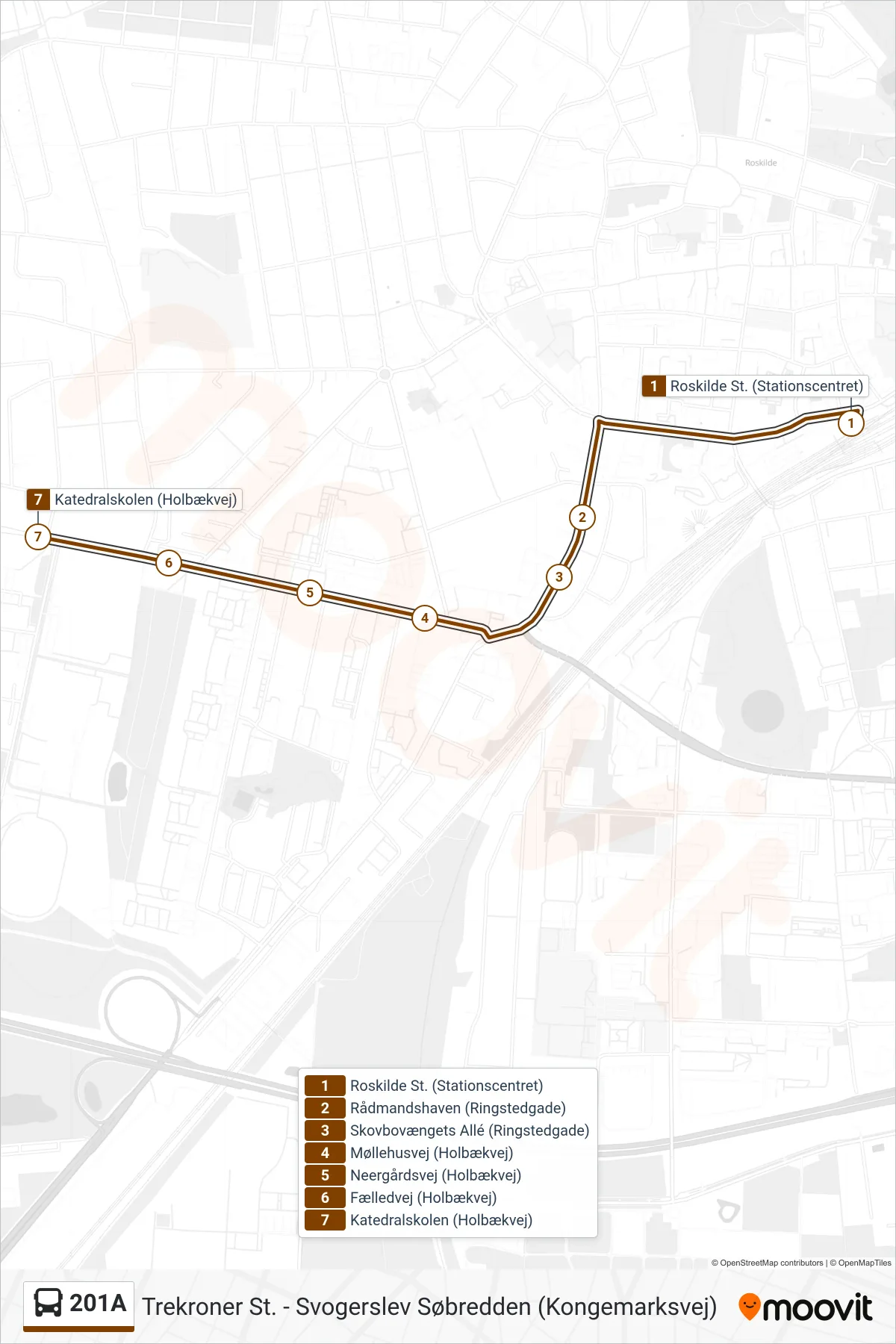 201A bus Linje (Katedralskolen) rute og stop på et kort