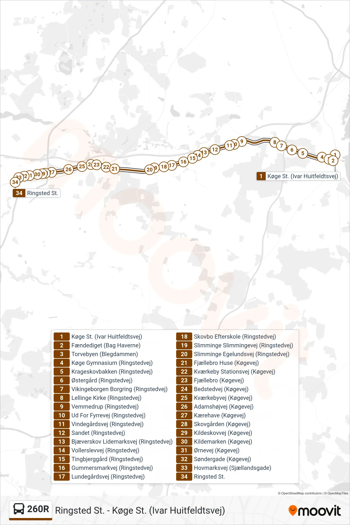 260R bus Linje (Ringsted St.) rute og stop på et kort