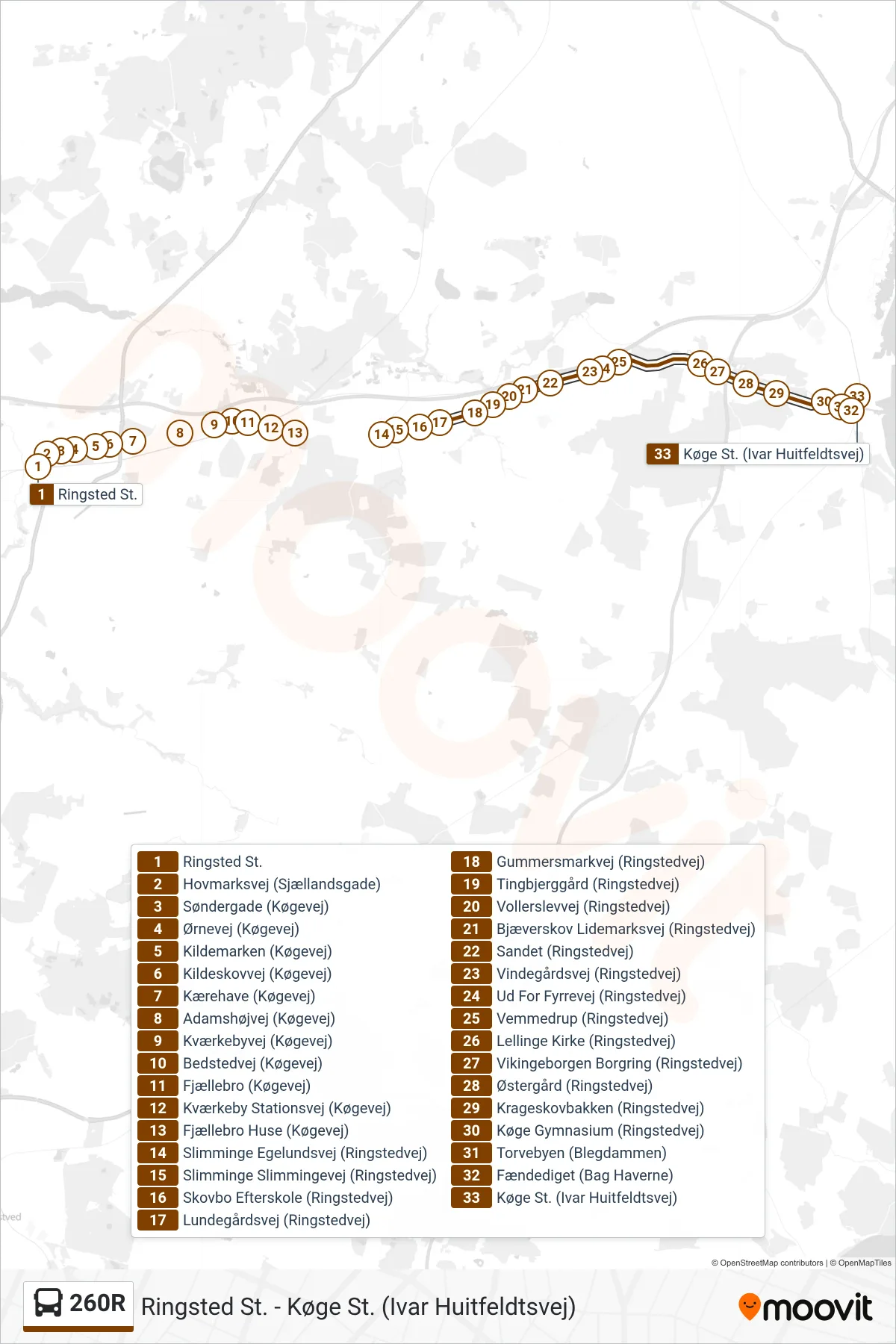 260R bus Linje (Køge St.) rute og stop på et kort