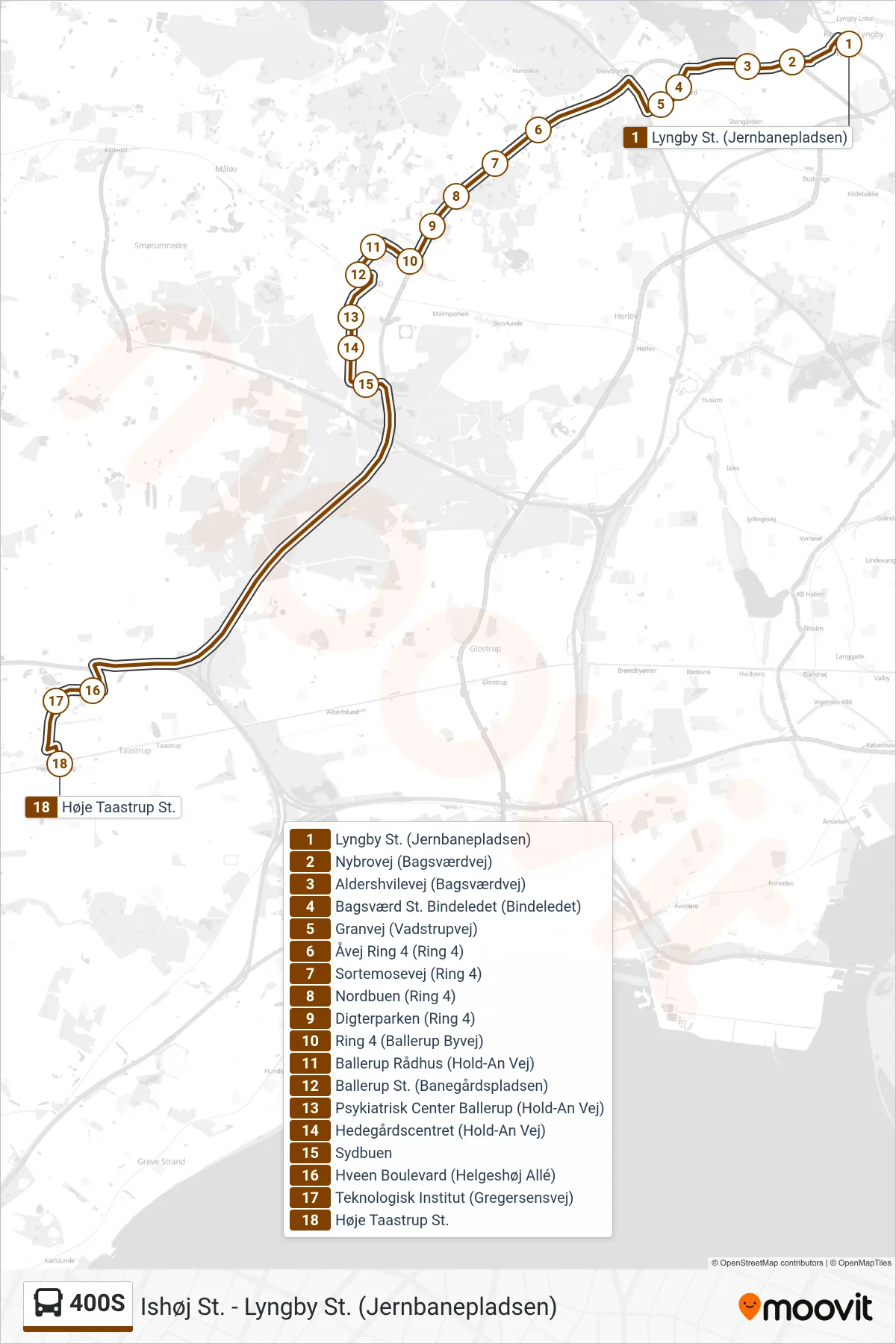 400S bus Line (Høje Taastrup St.) route and stops on a map