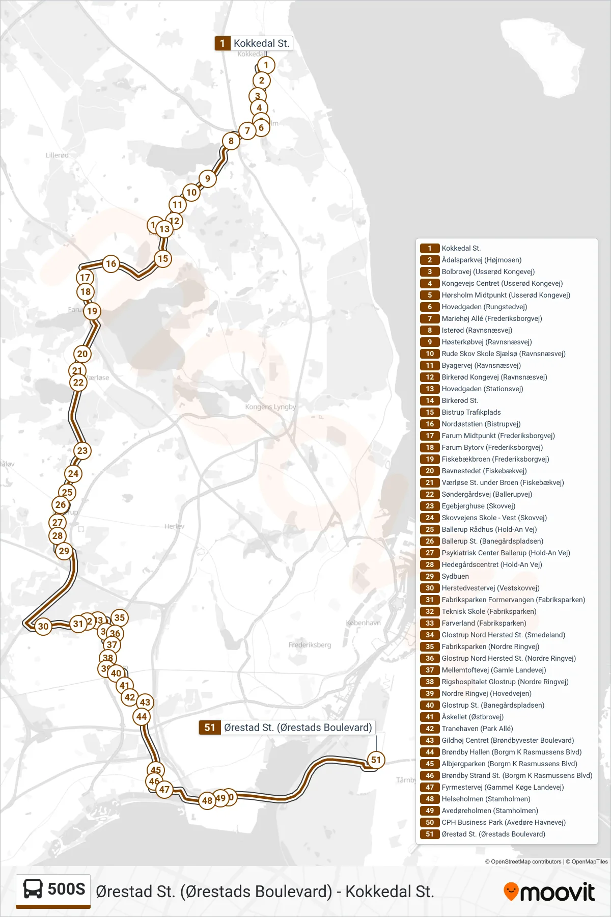 500S bus Linje (Ørestad St.) rute og stop på et kort