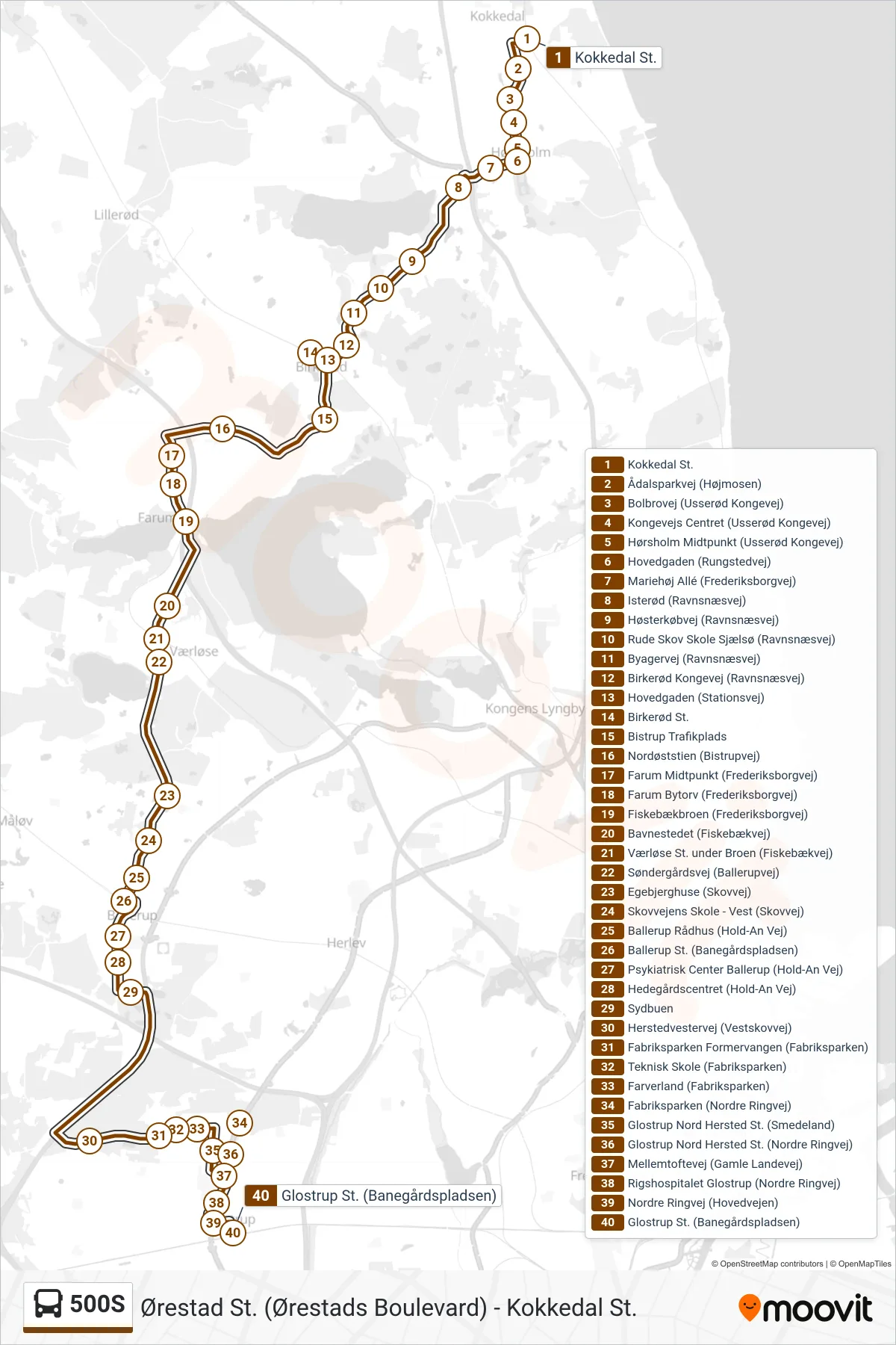 500S bus Linje (Glostrup St.) rute og stop på et kort