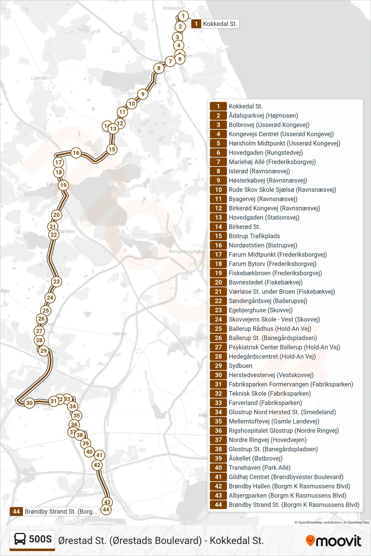 500S bus Linje (Brøndby Strand St.) rute og stop på et kort