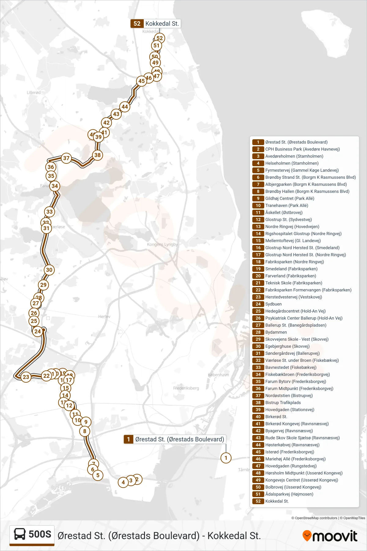500S bus Linje (Kokkedal St.) rute og stop på et kort