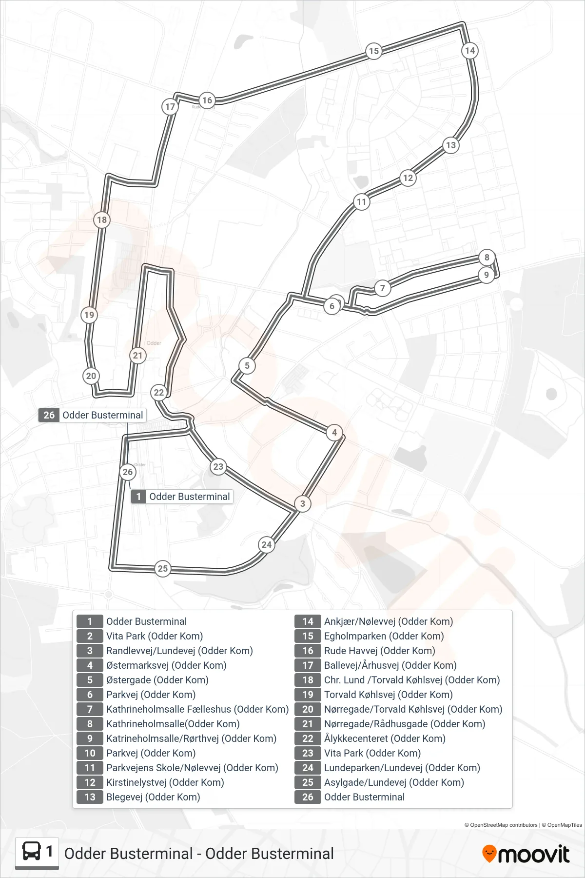 1 bus Linje (Odder Busterminal) rute og stop på et kort