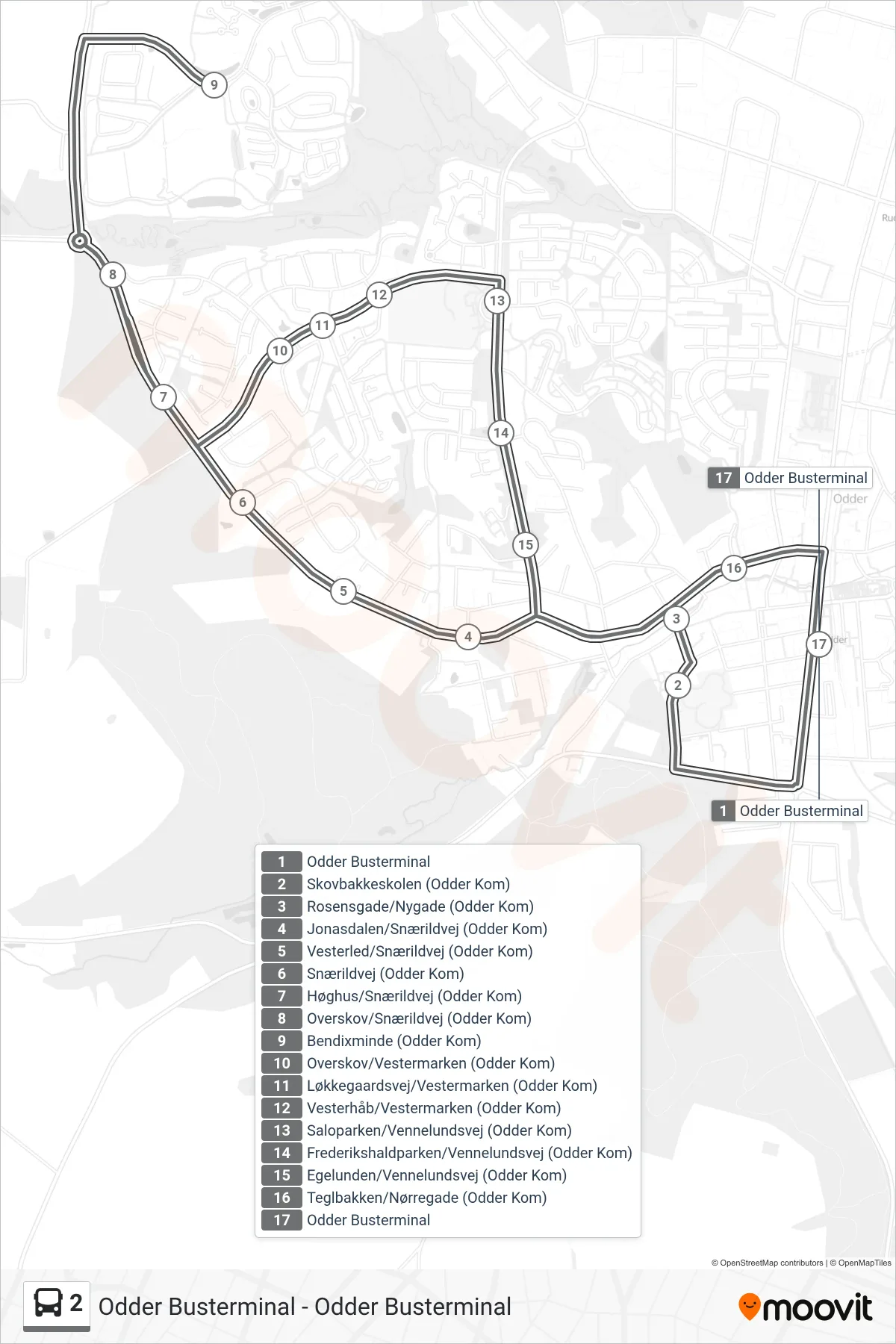 2 bus Linje (Odder Busterminal) rute og stop på et kort