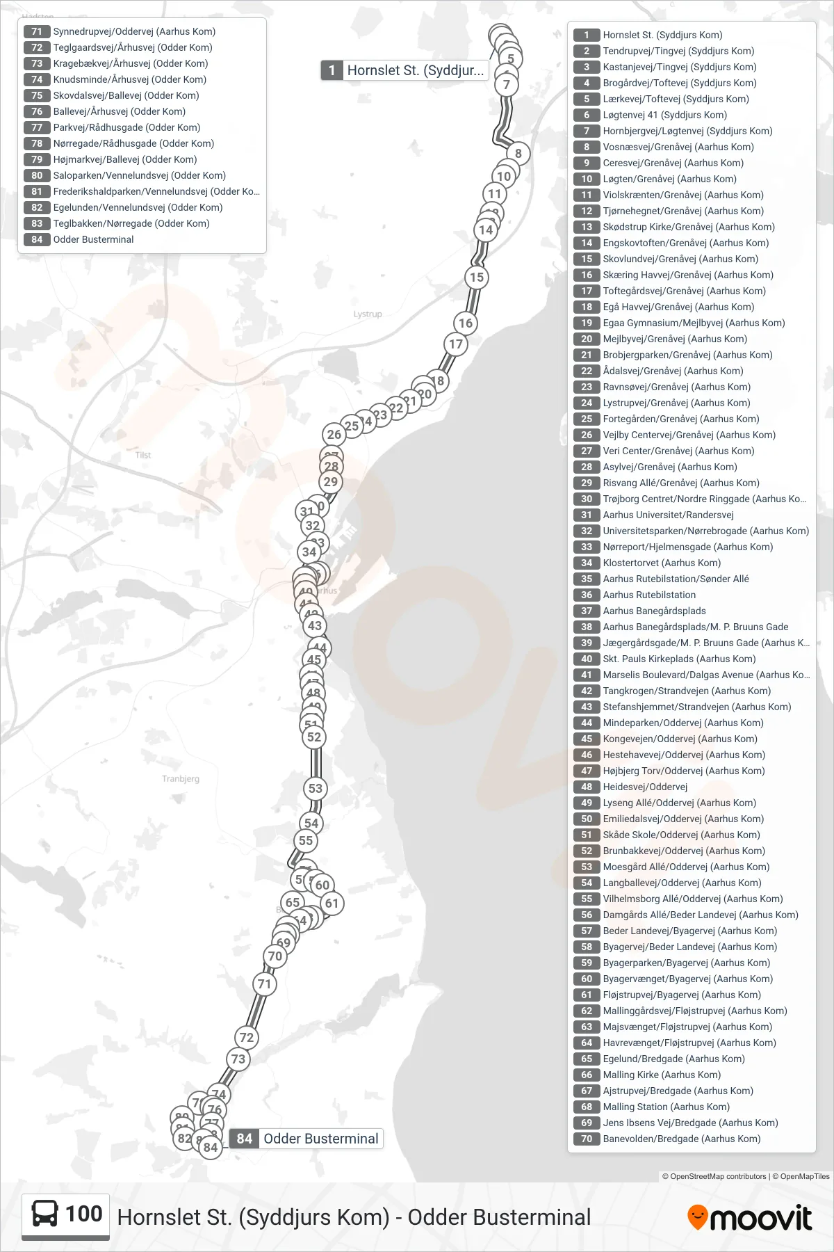 100 bus Linje (Mod syd) rute og stop på et kort