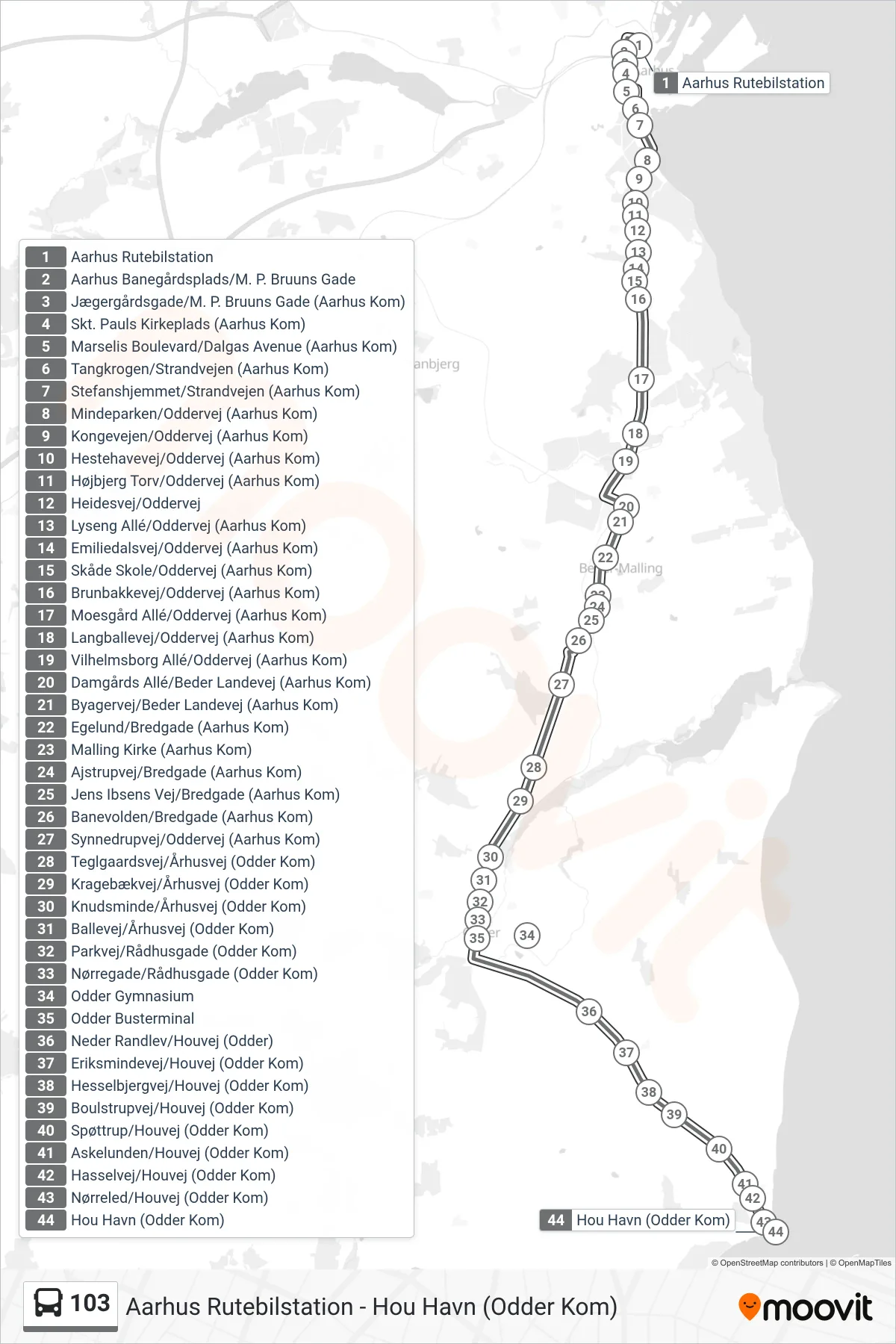 103 bus Linje (Hou Havn) rute og stop på et kort