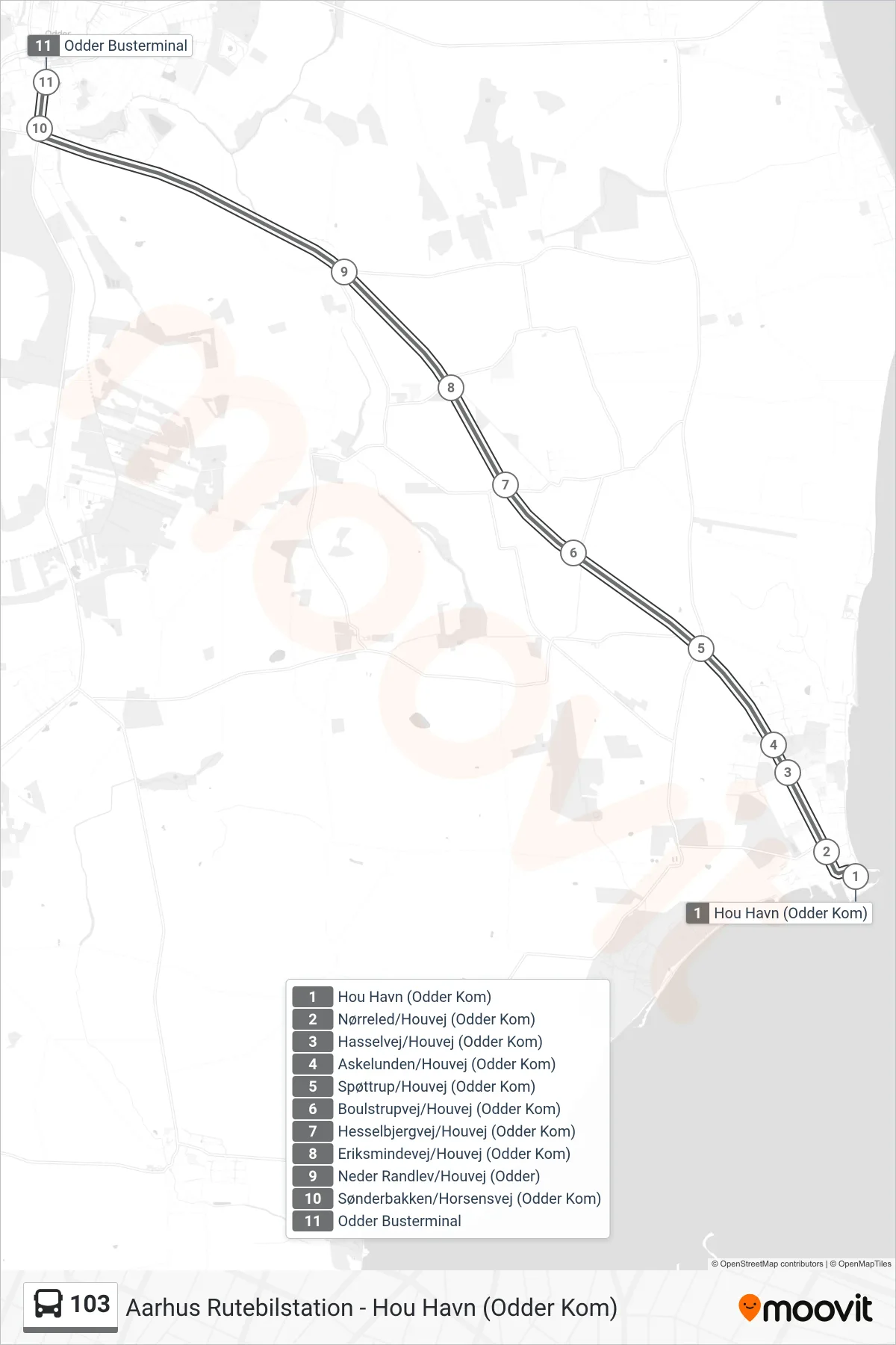 103 bus Linje (Odder Busterminal) rute og stop på et kort