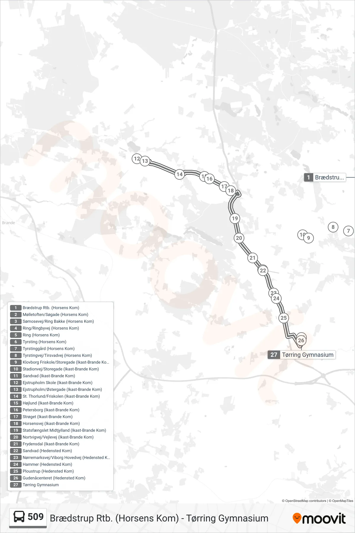 509 bus Linje (Tørring Gymnasium) rute og stop på et kort