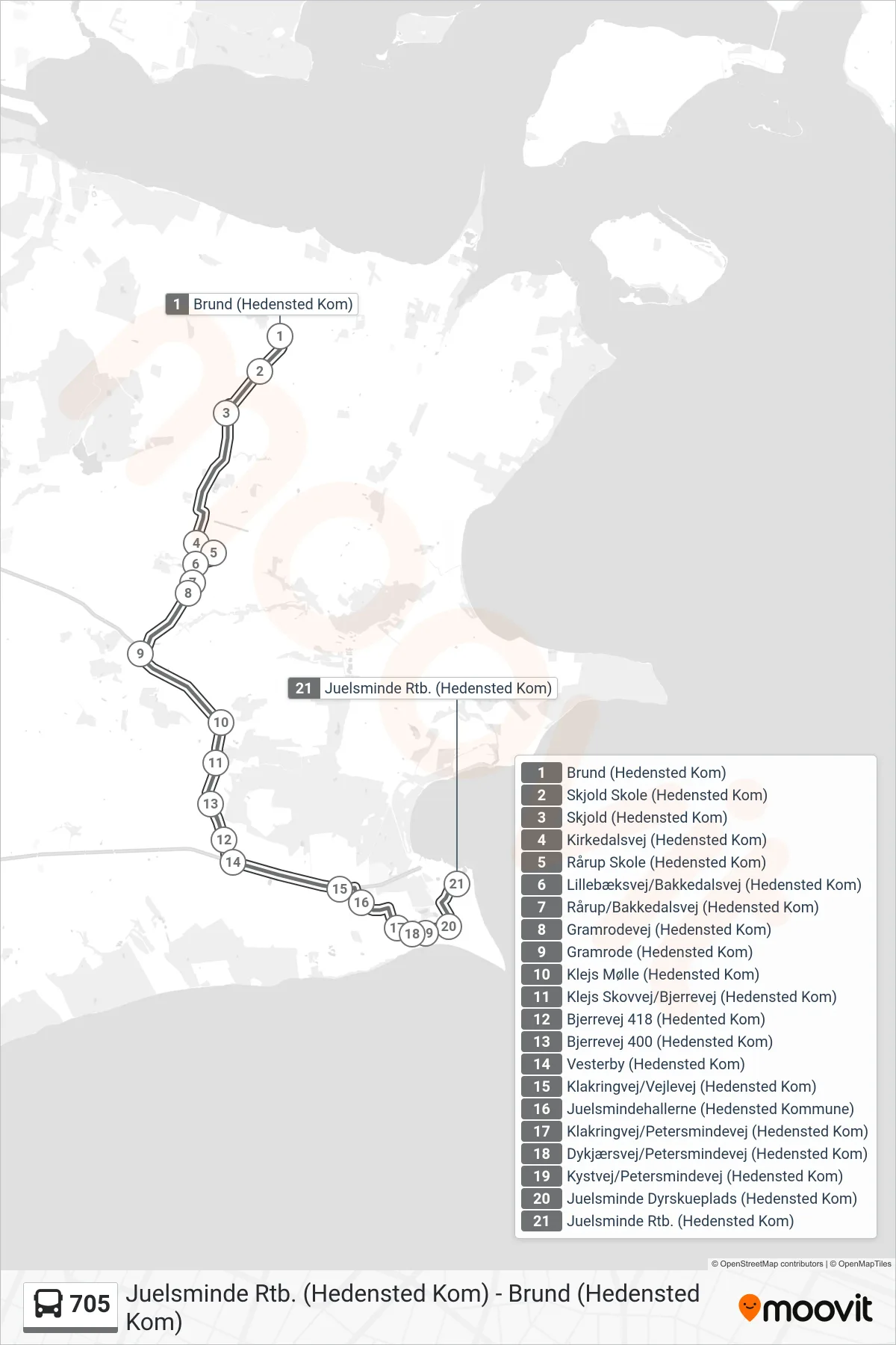705 bus Linje (Juelsminde Rtb.) rute og stop på et kort