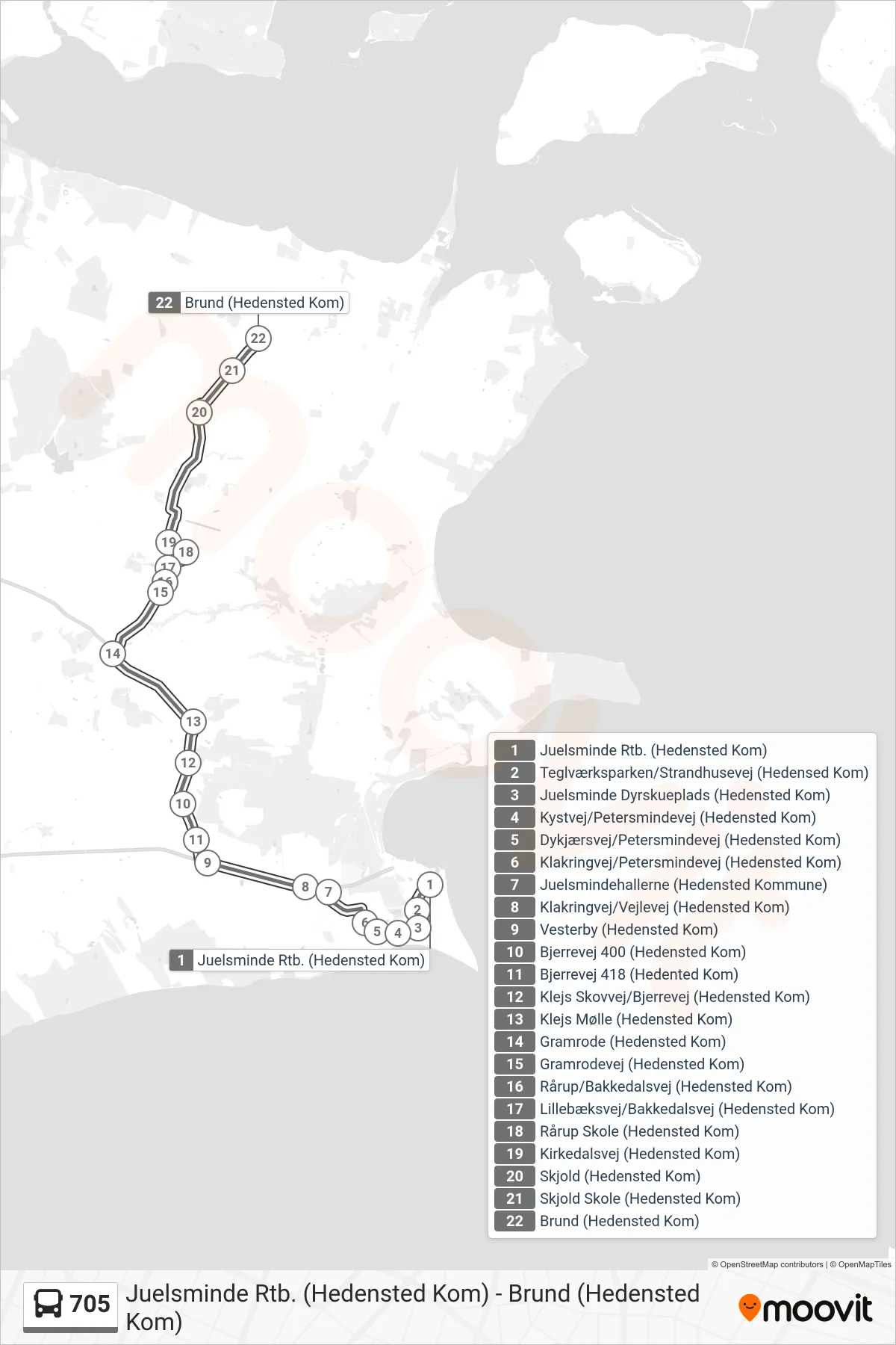 705 bus Linje (Brund) rute og stop på et kort