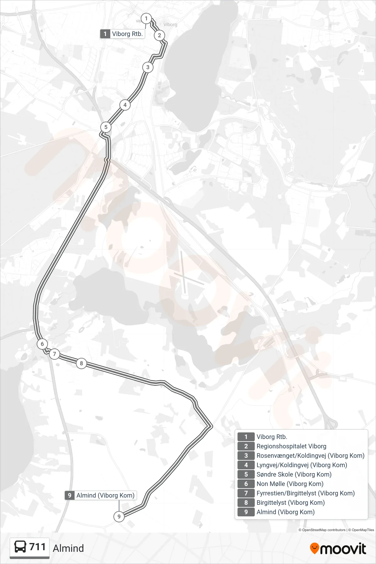 711 bus Linje (Almind) rute og stop på et kort
