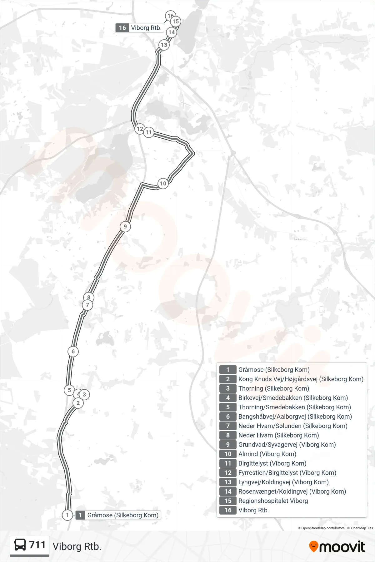 711 bus Linje (Viborg Rtb.) rute og stop på et kort