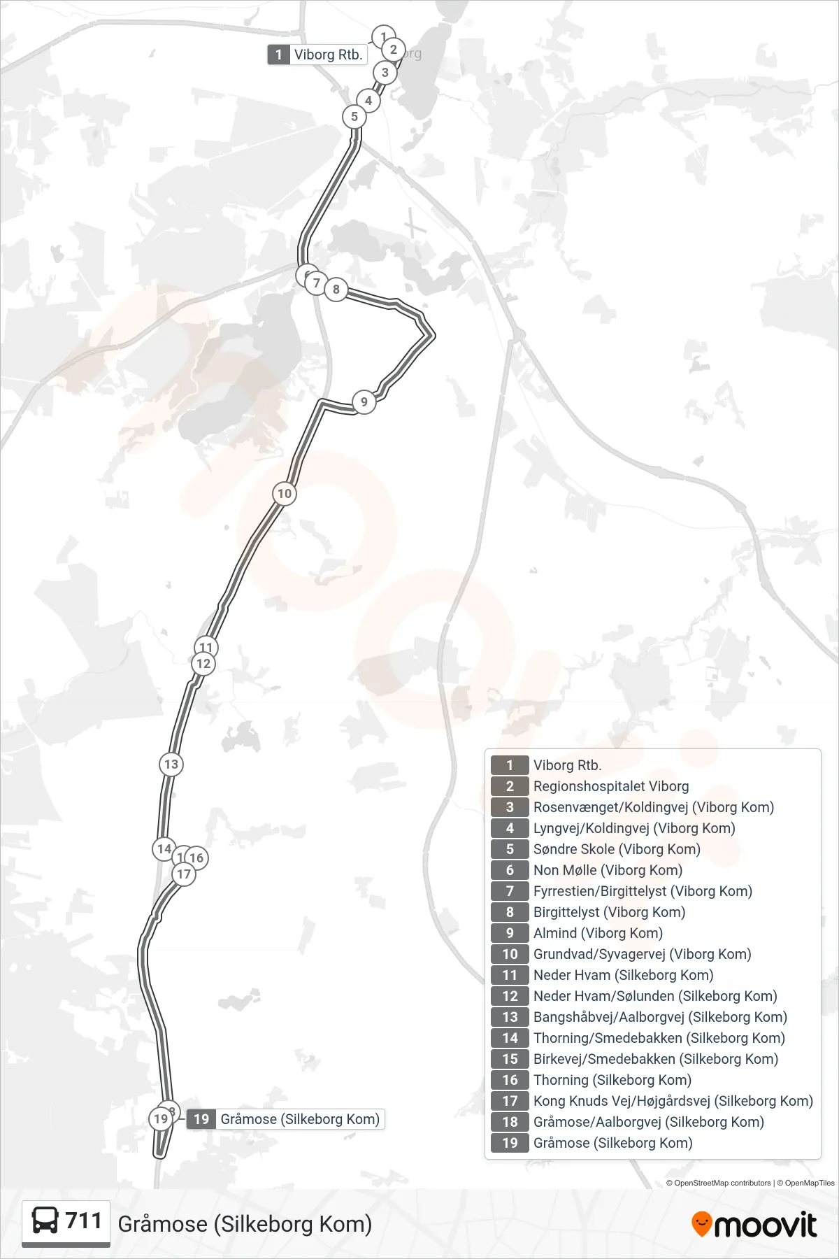 711 bus Linje (Gråmose (Silkeborg Kom)) rute og stop på et kort