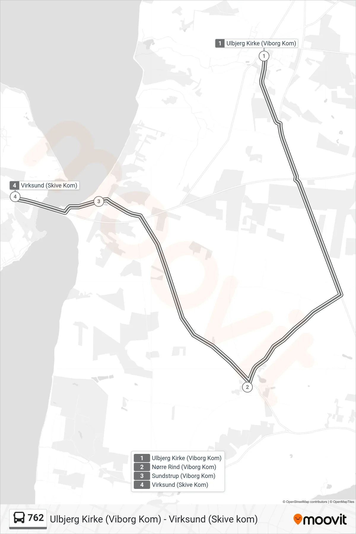 762 bus Linje (Virksund) rute og stop på et kort