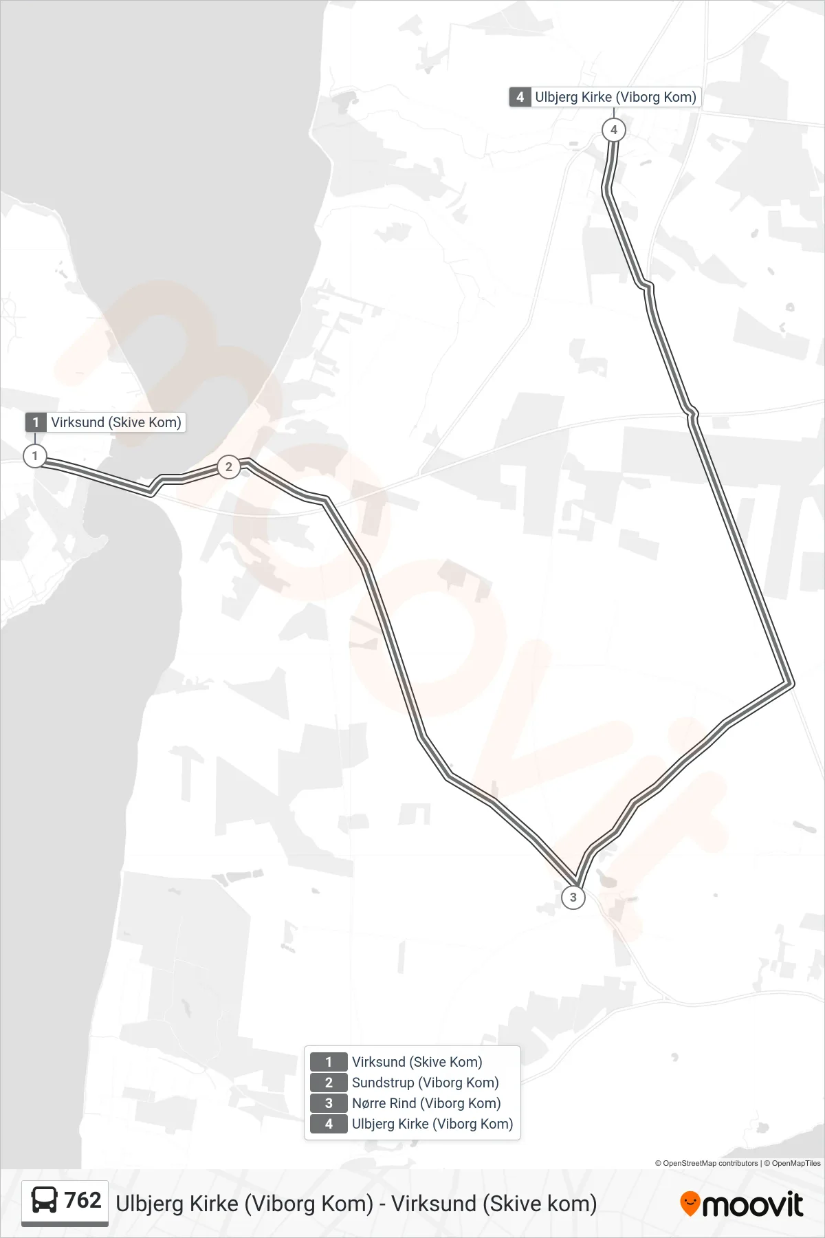 762 bus Linje (Ulbjerg) rute og stop på et kort