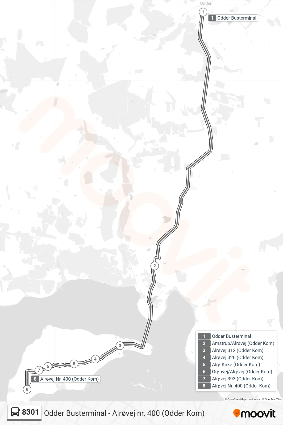 8301 bus Linje (Alrøvej Nr. 400) rute og stop på et kort