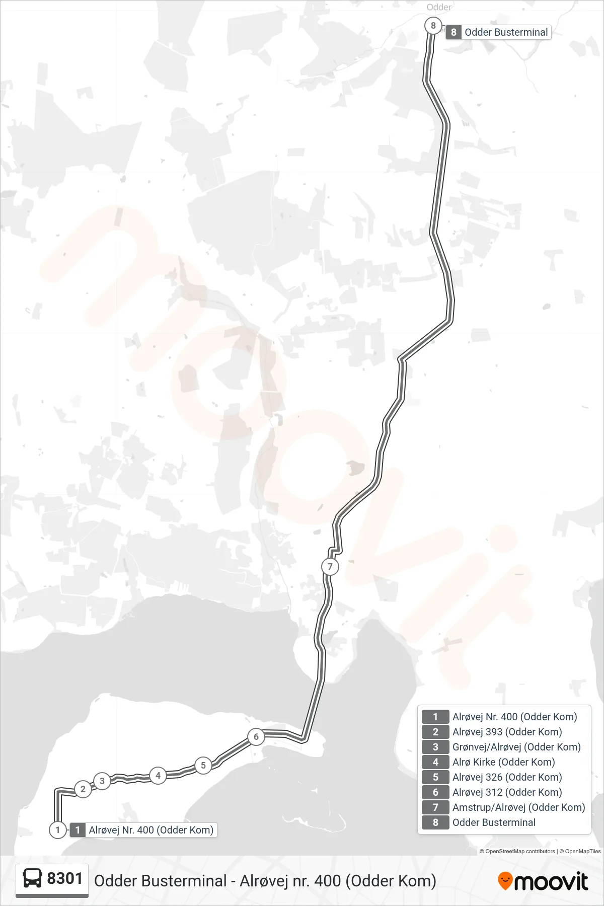 8301 bus Linje (Odder Busterminal) rute og stop på et kort