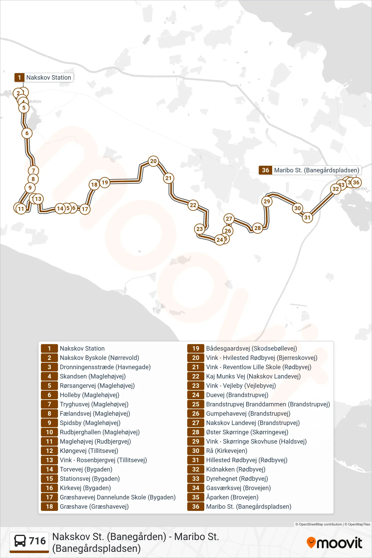 716 bus Linje (Maribo St.) rute og stop på et kort
