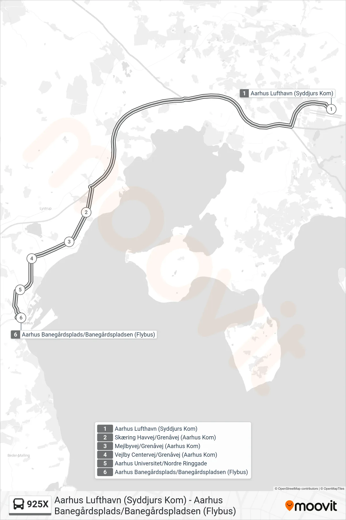 925X bus Linje (Aarhus Banegårdsplads/Banegårdspladsen (Flybus)) rute og stop på et kort