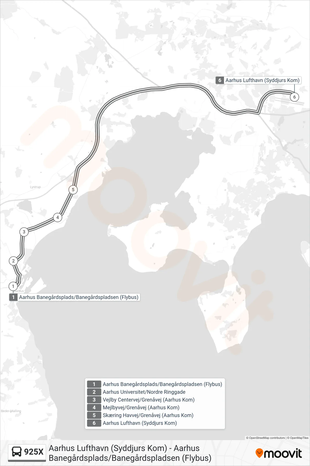 925X bus Linje (Aarhus Lufthavn (Syddjurs Kom)) rute og stop på et kort