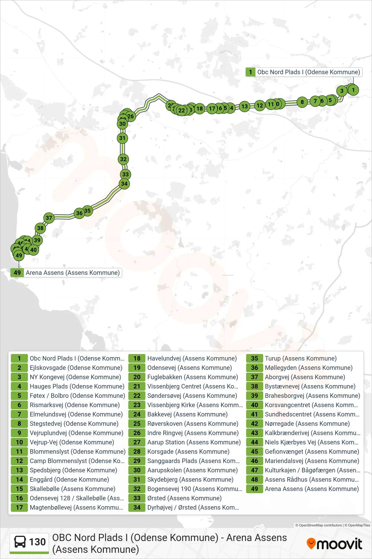 130 bus Linje (Assens) rute og stop på et kort