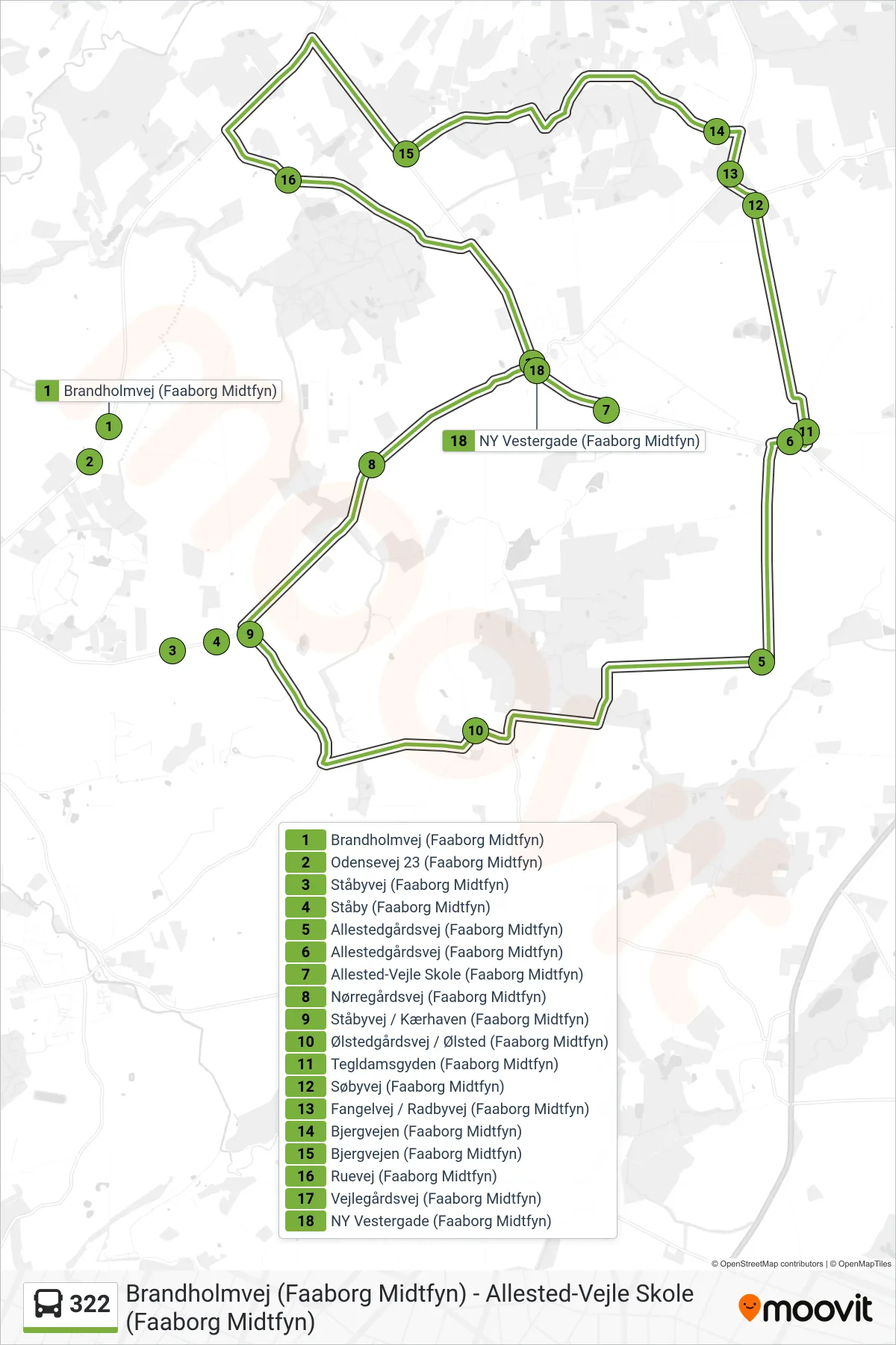 322 bus Linje (Allested-Vejle) rute og stop på et kort