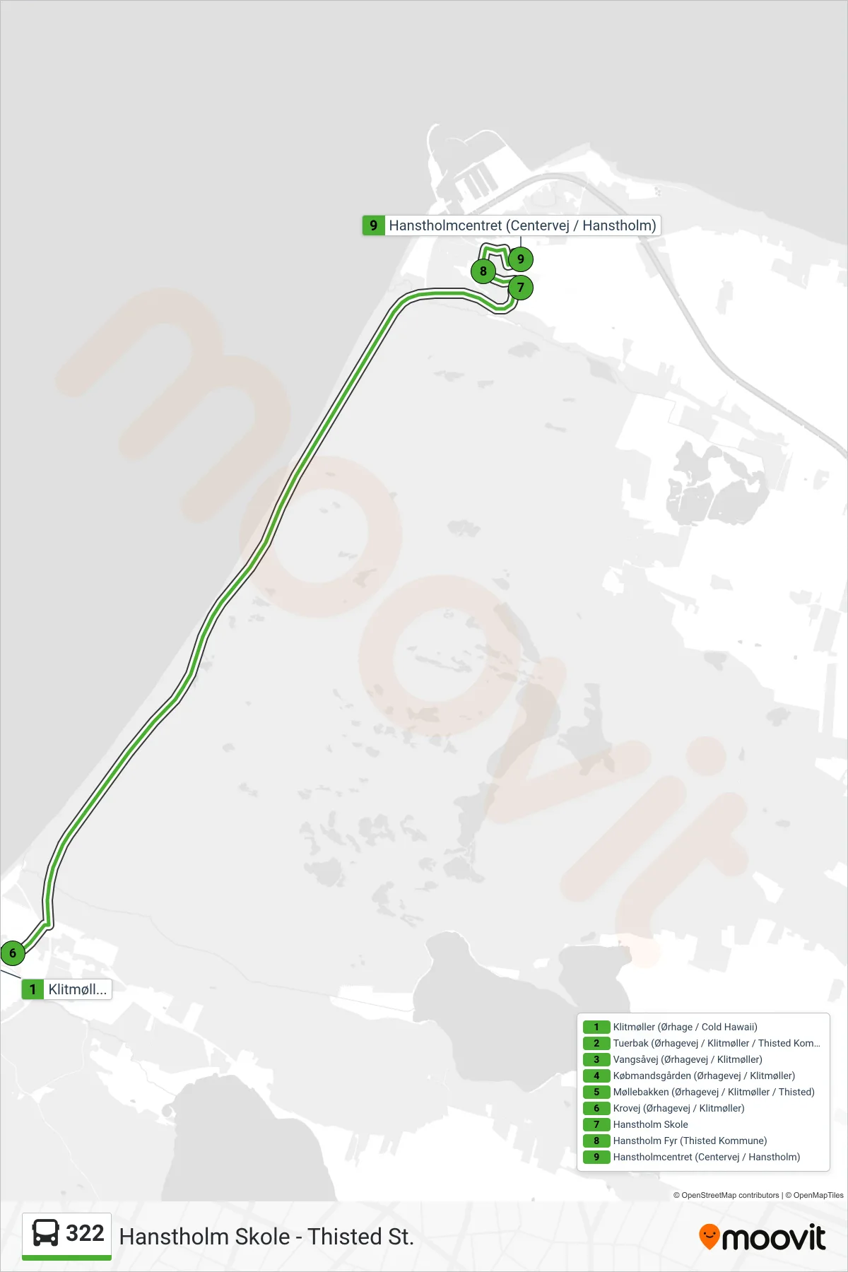 322 bus Linje (Hanstholm) rute og stop på et kort