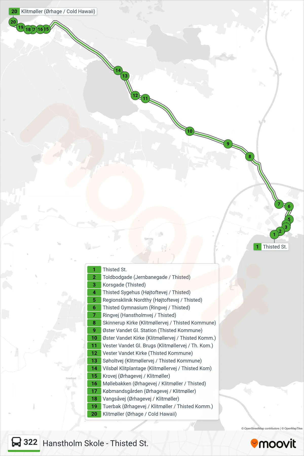 322 bus Linje (Klitmøller) rute og stop på et kort