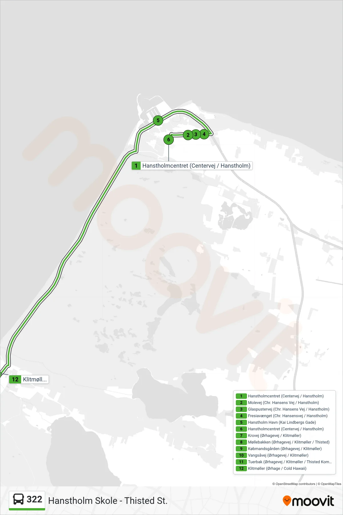 322 bus Line (Klitmøller) route and stops on a map