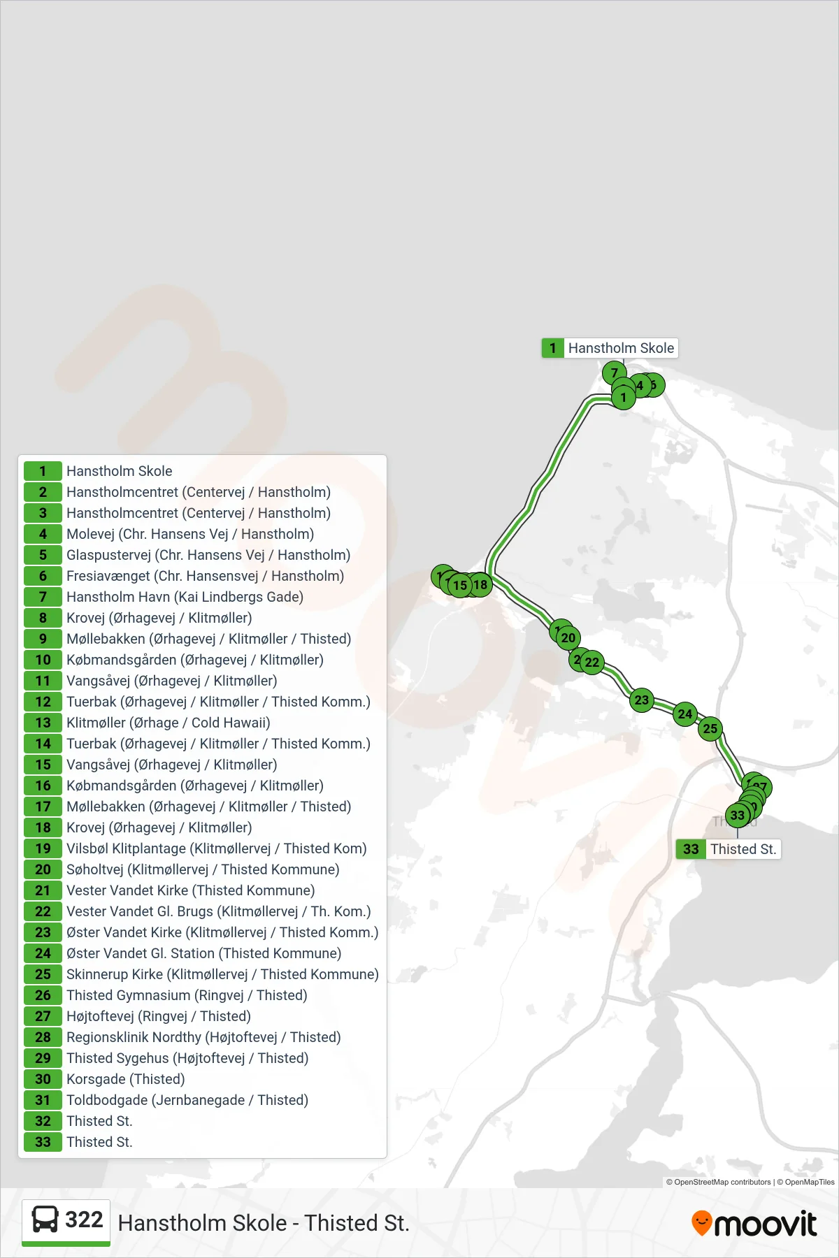 322 bus Linje (Thisted St.) rute og stop på et kort
