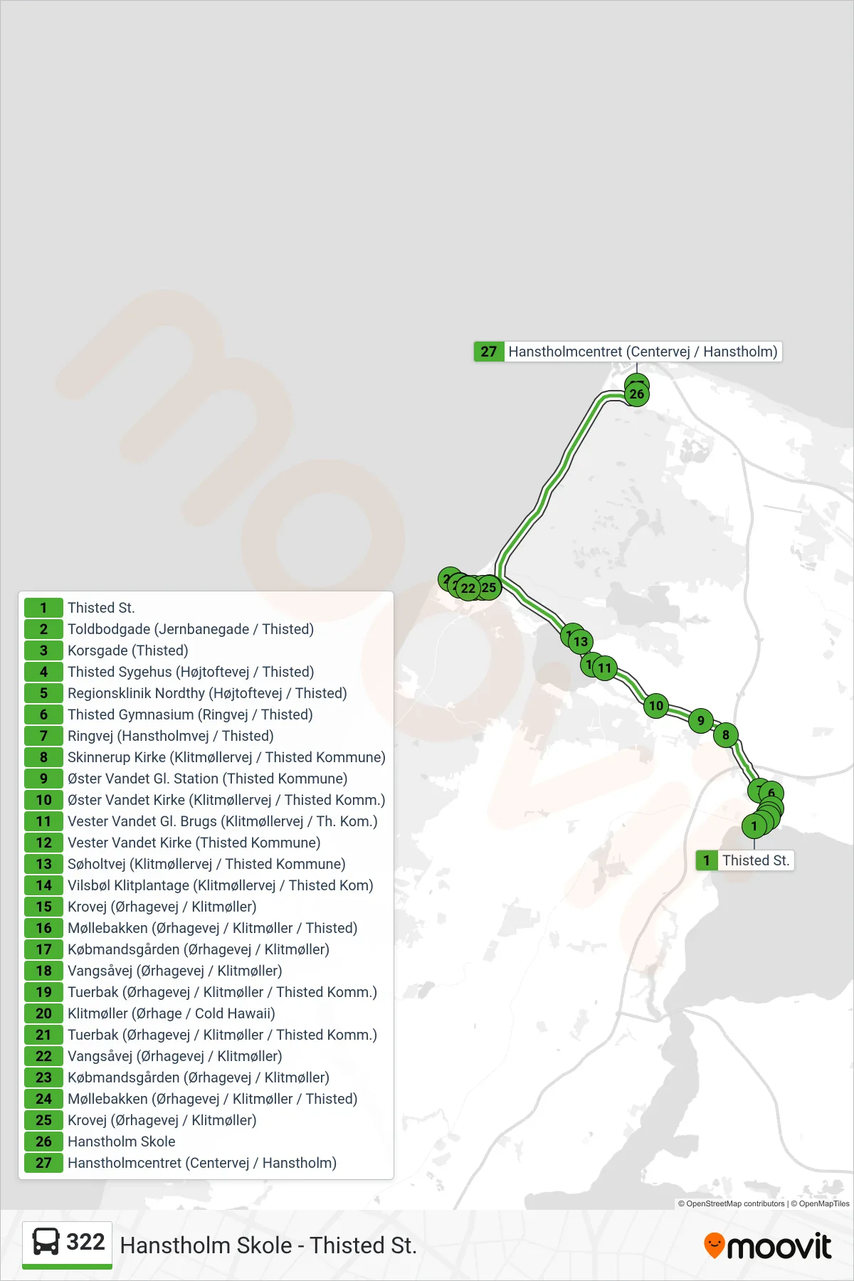 322 bus Line (Hanstholm Via Klitmøller) route and stops on a map