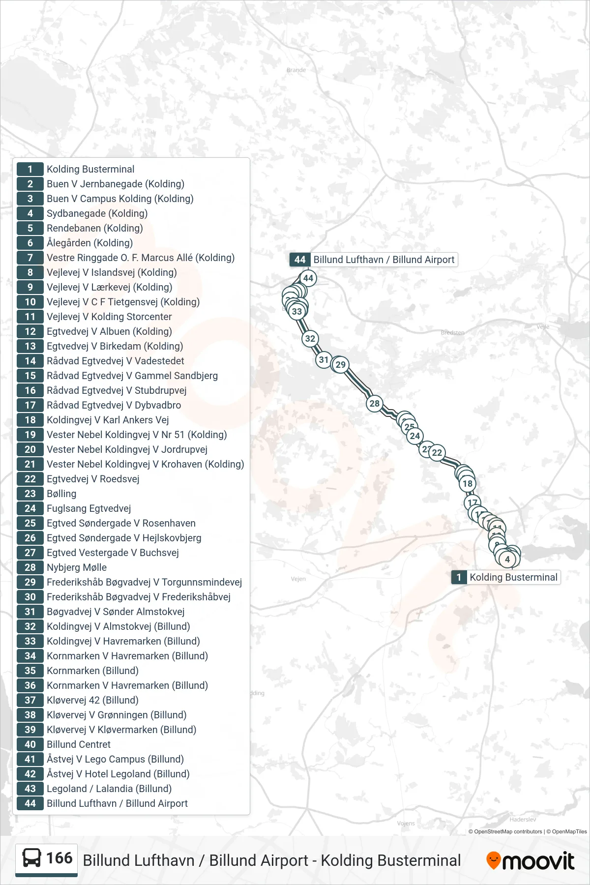 166 bus Linje (Billund Lufthavn / Billund Airport (Bus)) rute og stop på et kort