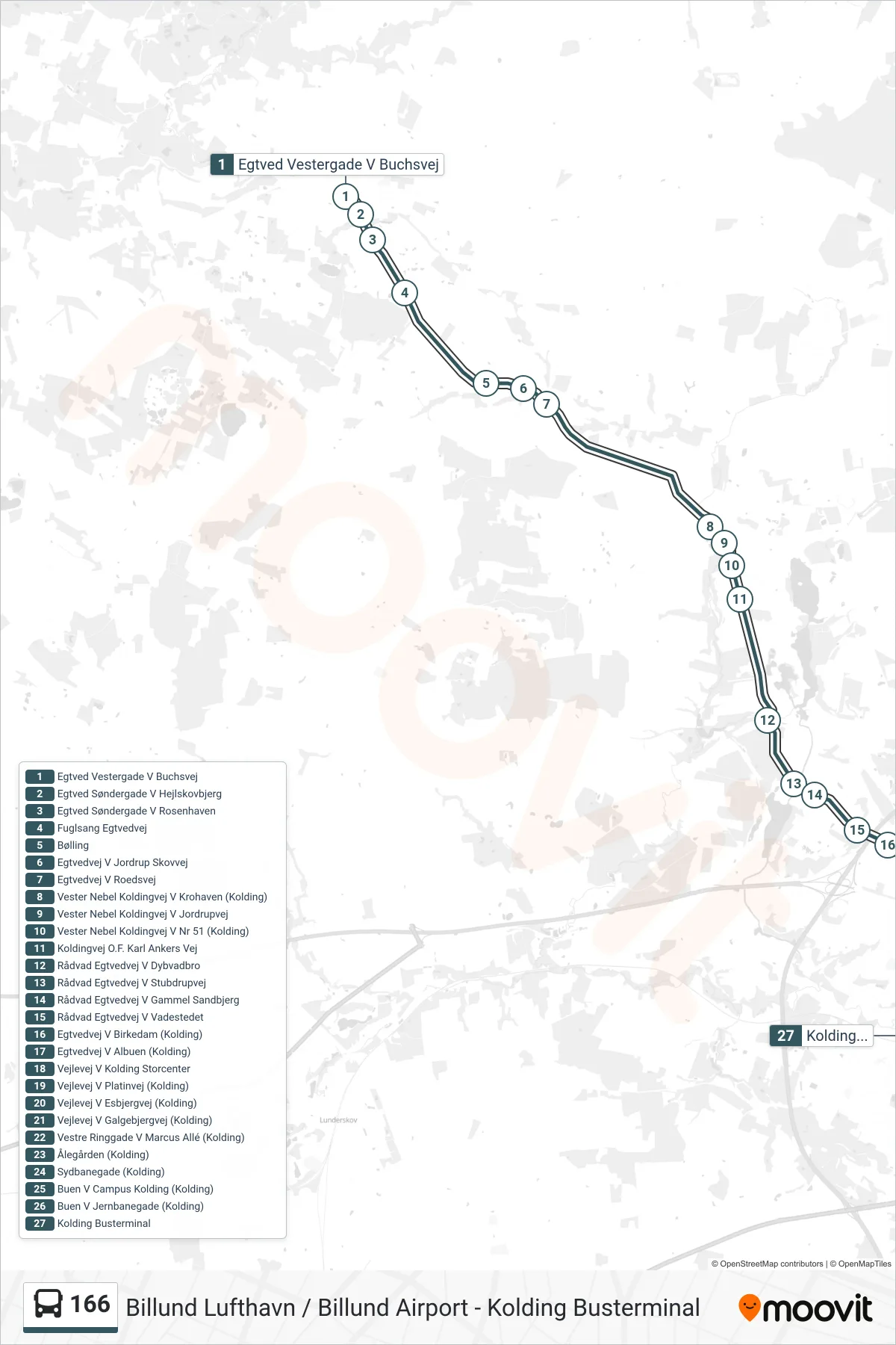 166 bus Linje (Kolding) rute og stop på et kort