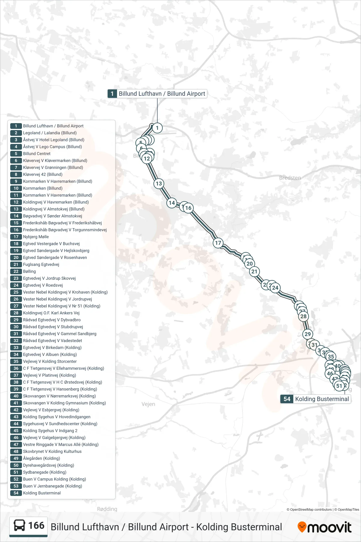 166 bus Line (Kolding Busterminal) route and stops on a map