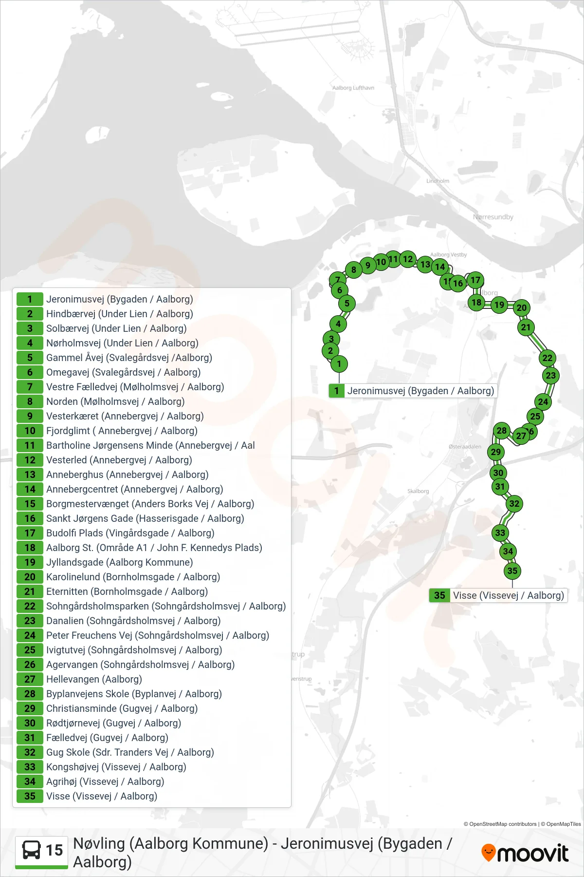 15 bus Linje (Visse) rute og stop på et kort