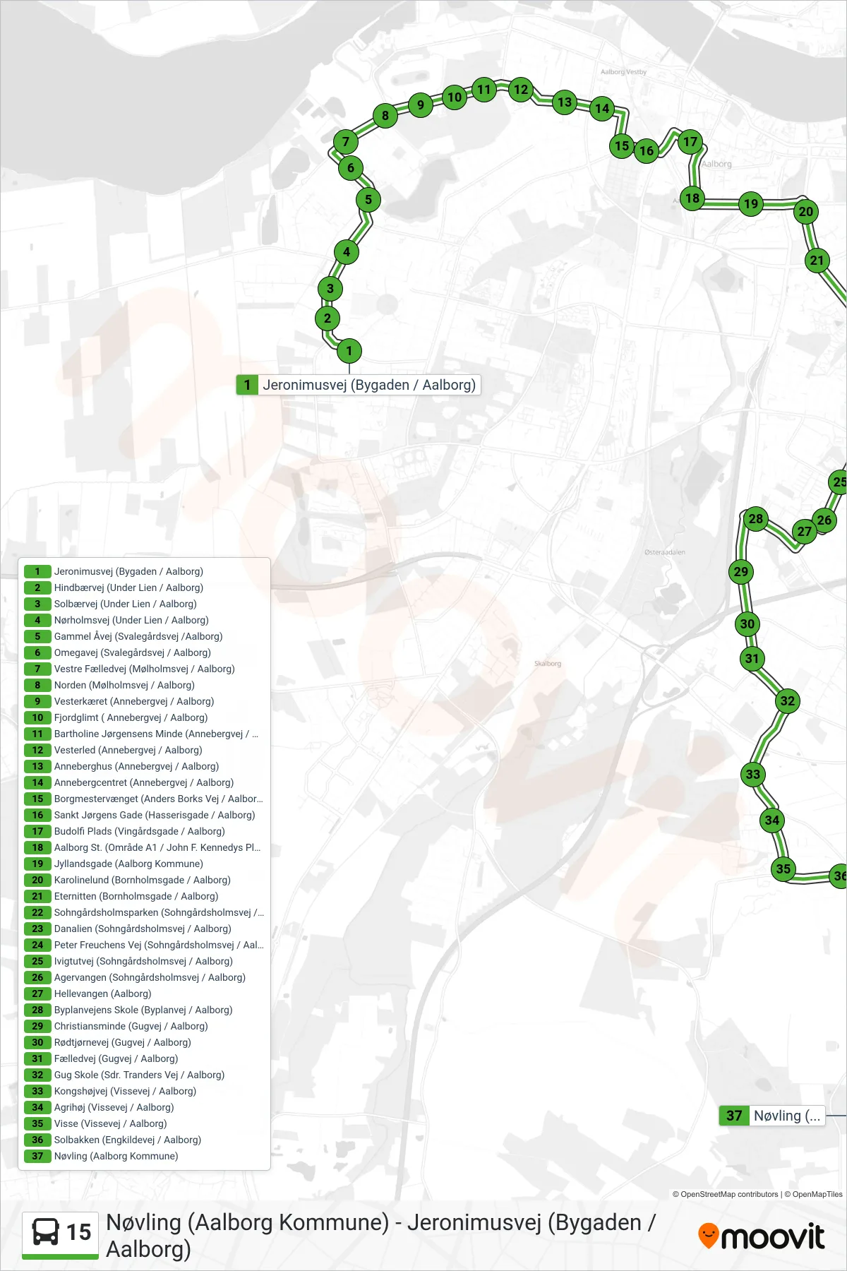 15 bus Linje (Nøvling Skole) rute og stop på et kort